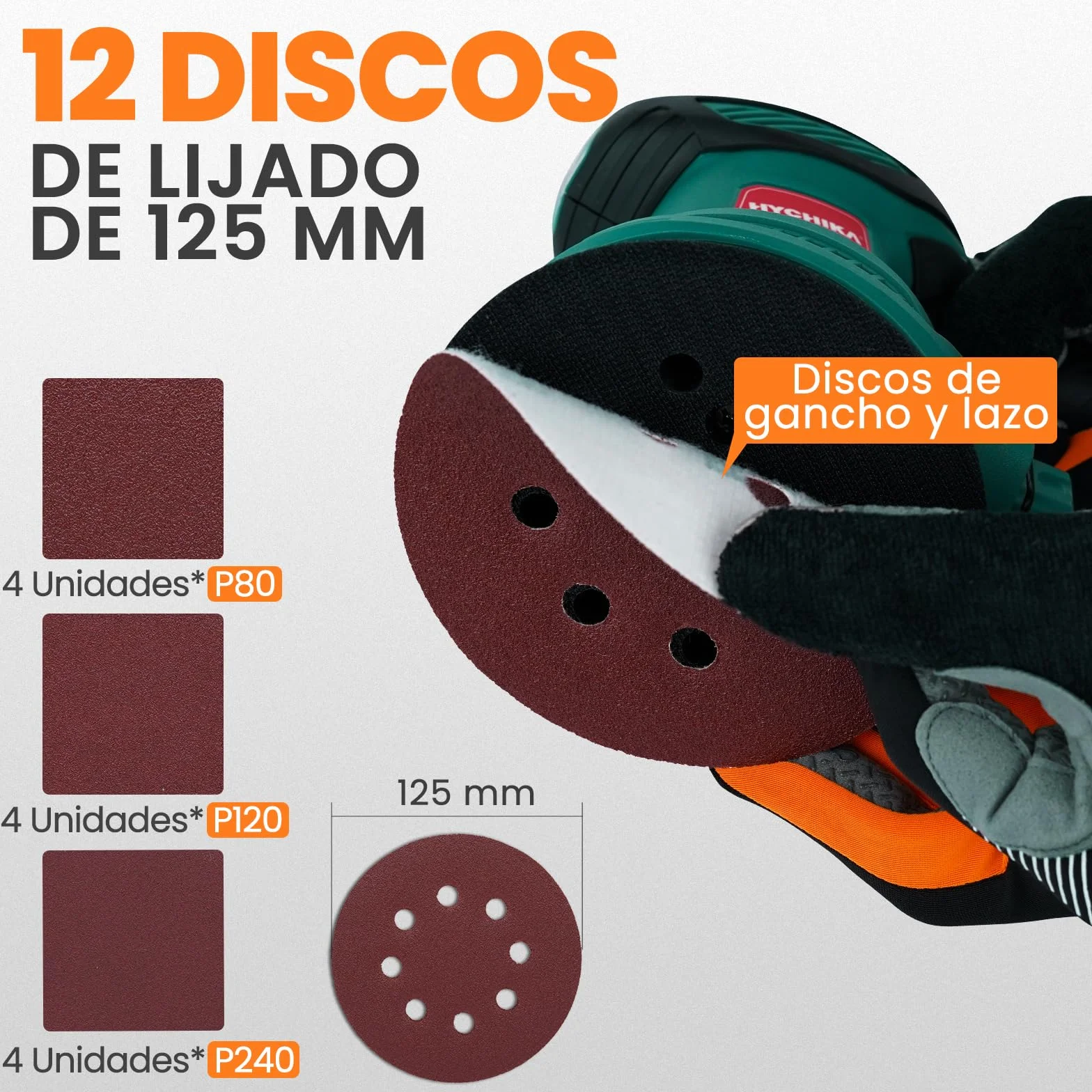 HYCHIKA Lijadora Orbital, 300W Motor Cobre Puro, 6 Velocidades 6000-13000 OPM, Bajo Ruido, Bolsa de Polvo Extraíble, Incluye 12 Discos de Lijado para Madera, Suelos y Pintura