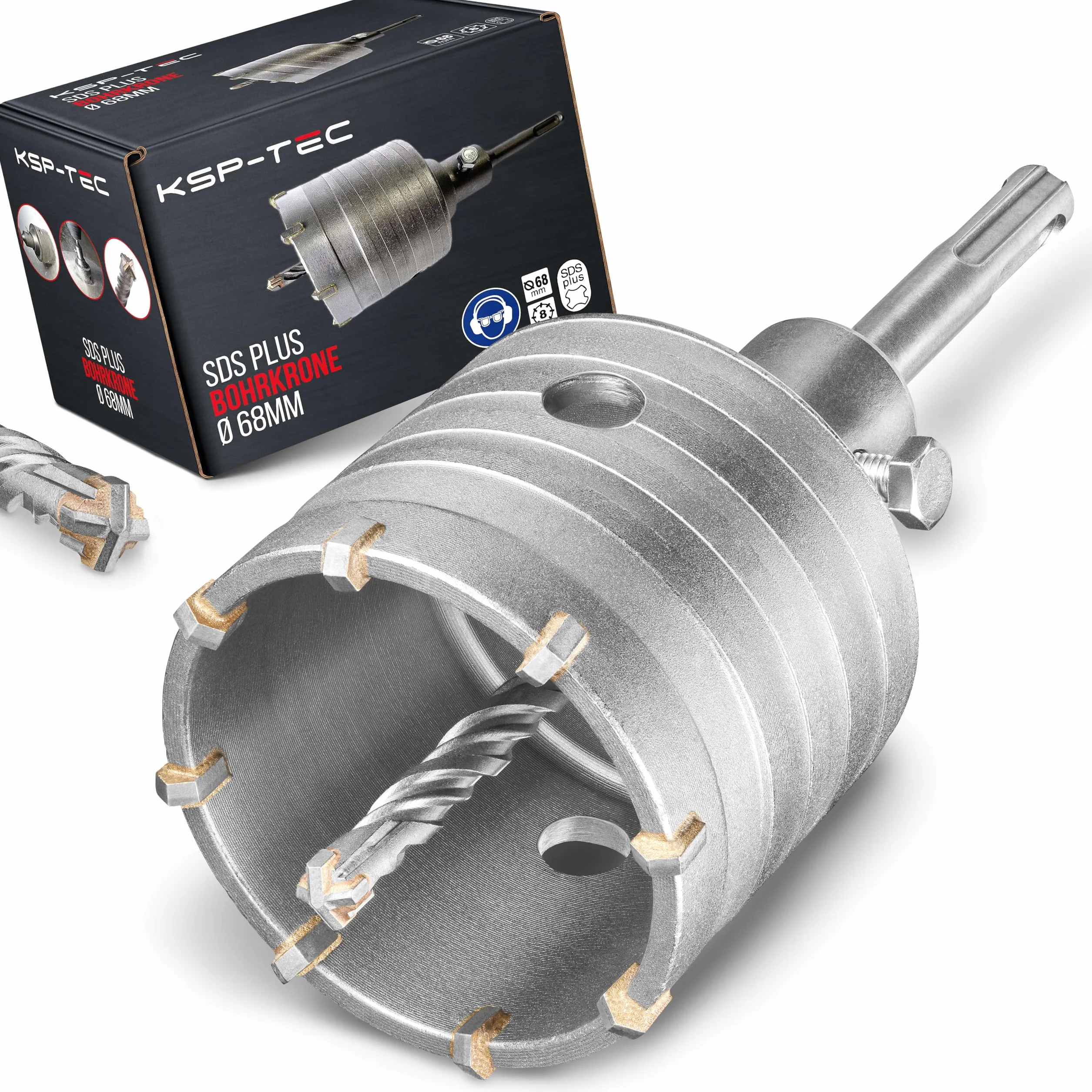 KSP-Tec ® Corona de perforación de 82 mm – Diseño reforzado – Resistente a los golpes – [dientes XXL] – 4 brocas de centrado – Broca de lata mm – Broca de perforación para mampostería y hormigón (82