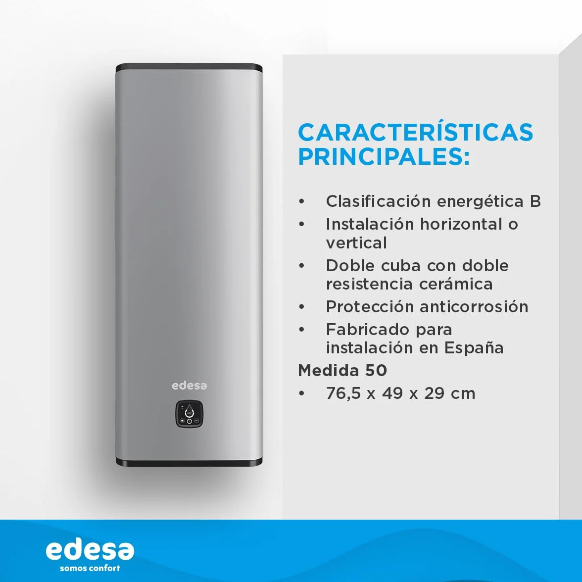 Edesa Flat 50 Wifi, termo eléctrico 50 litros, Calentador de agua horizontal o vertical, medidas 76,5 x 490 x 310cm, Fabricado para ser instalado en España