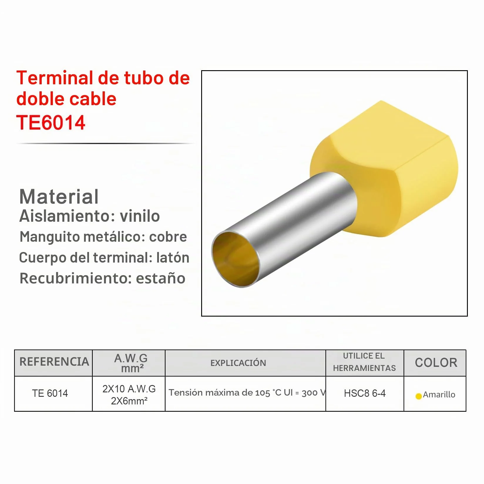Heschen TE6014 Terminales de crimpar gemelos AWG10 6mm² 14mm Amarillo Paquete 100