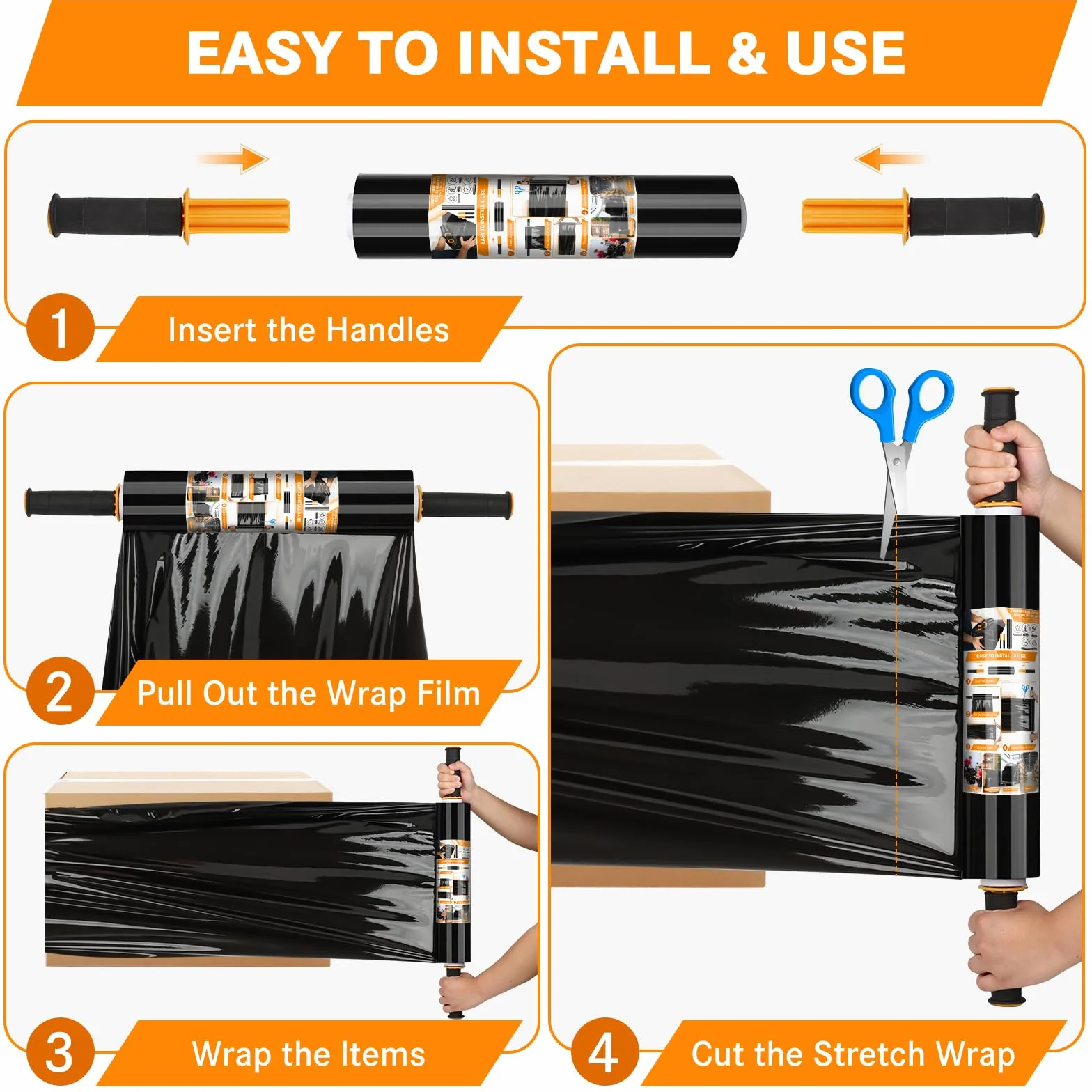 Film para Embala, 20 Micras Resistencia Industrial de Estiramiento Con Asas Rollos de Plastico Embalaje Film para Embalaje Industrial y Envoltura Mudanza(Negro/38cm x 300m, 2 Rollo)