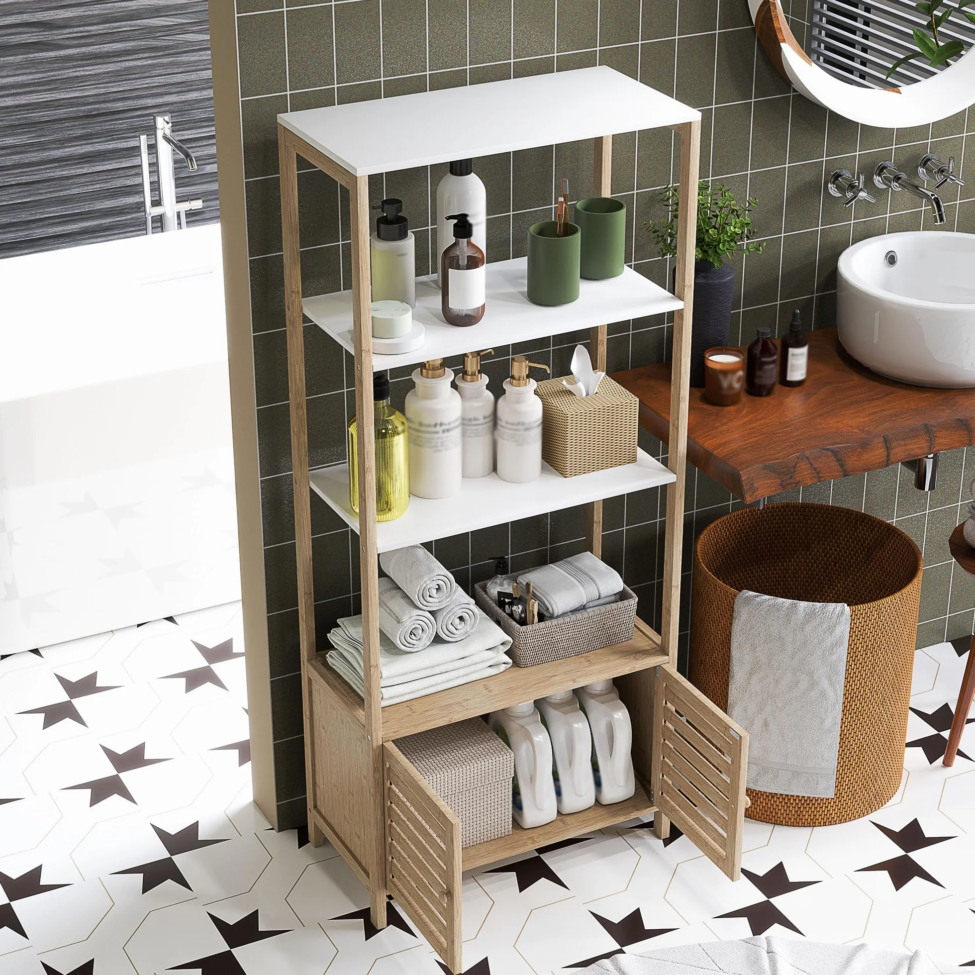 HOMCOM Estantería Baño Bambú 3 Estantes Abiertos Almacenaje Puertas Lamas 63x30x138 cm Natural Blanco