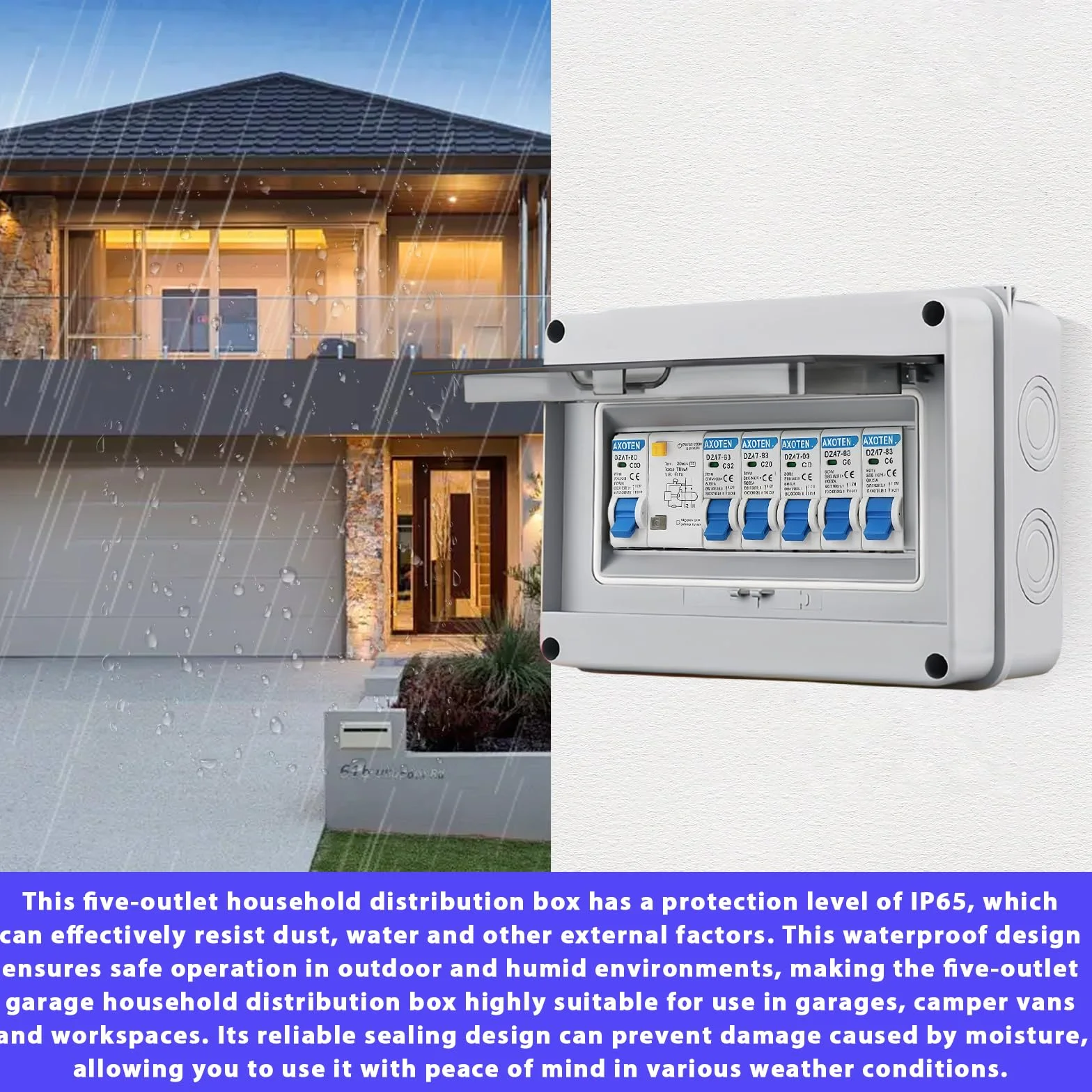 Caja de fusibles, resistente al polvo, IP65: disyuntor Nizirioo 63A con línea, interruptor de aire 2 x 6A+10A+20A+32A, distribuidor pequeño para jardín exterior