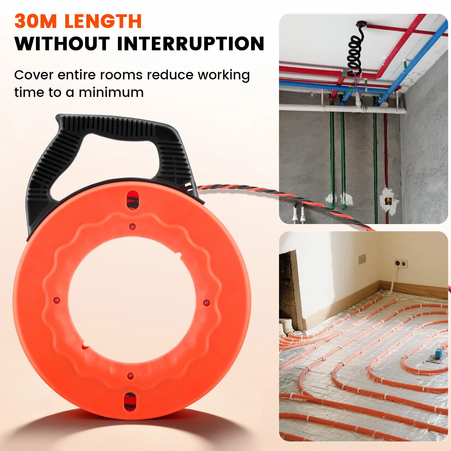 Guía Pasacables 30m, Enhebrador de Alambre Electrico Diámetro 5 mm, Sonda Guía para Electricista con 2 Muelles de Guía, con Mango, Herramienta para Pasar Cables en Instalaciones Eléctricas (Naranja)