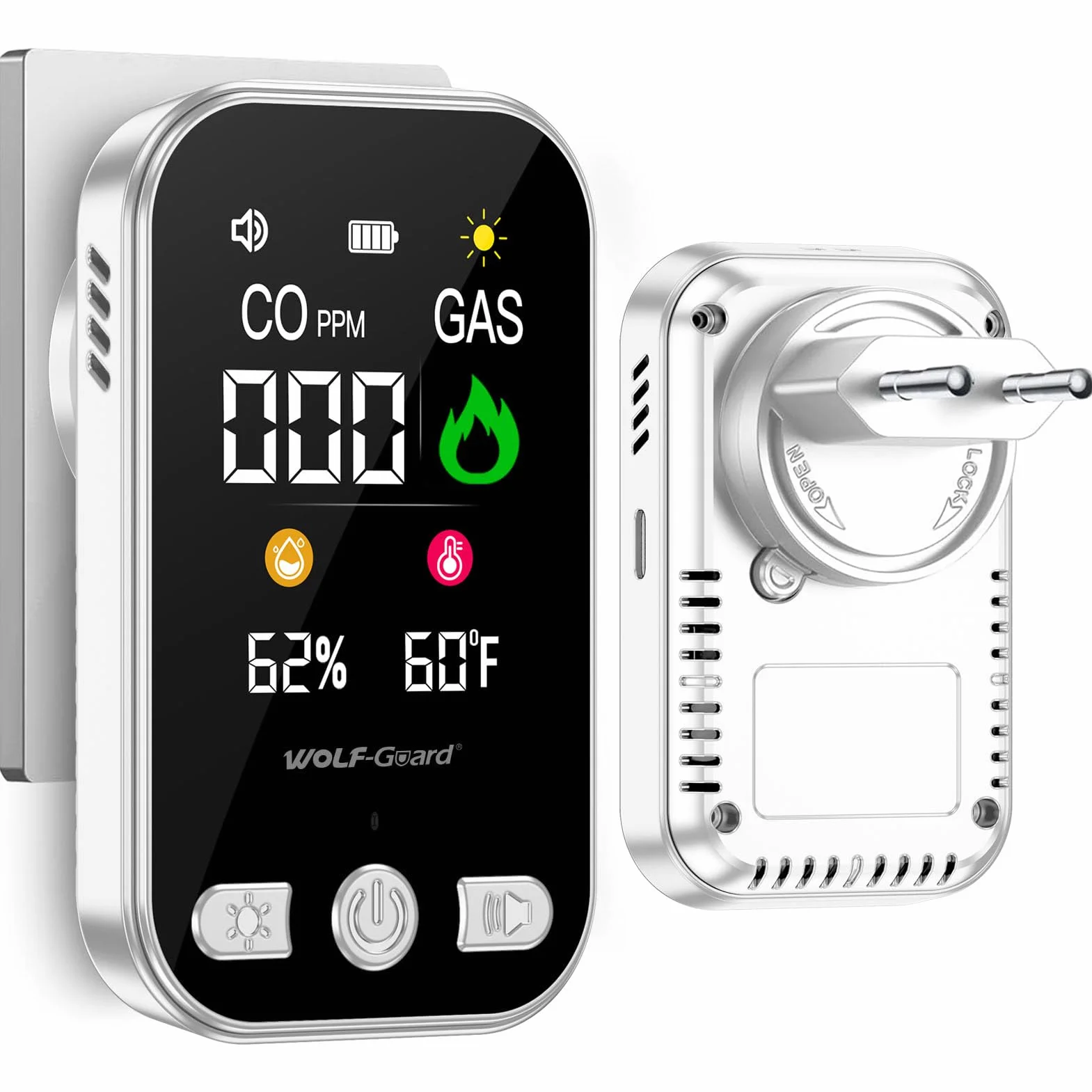 Wolf-Guard Detector de Monóxido de Carbono y Gas | Monitor Digital con Pantalla LCD, Alarma Audible y Visual, Sensor de Temperatura, Sensor de Humedad