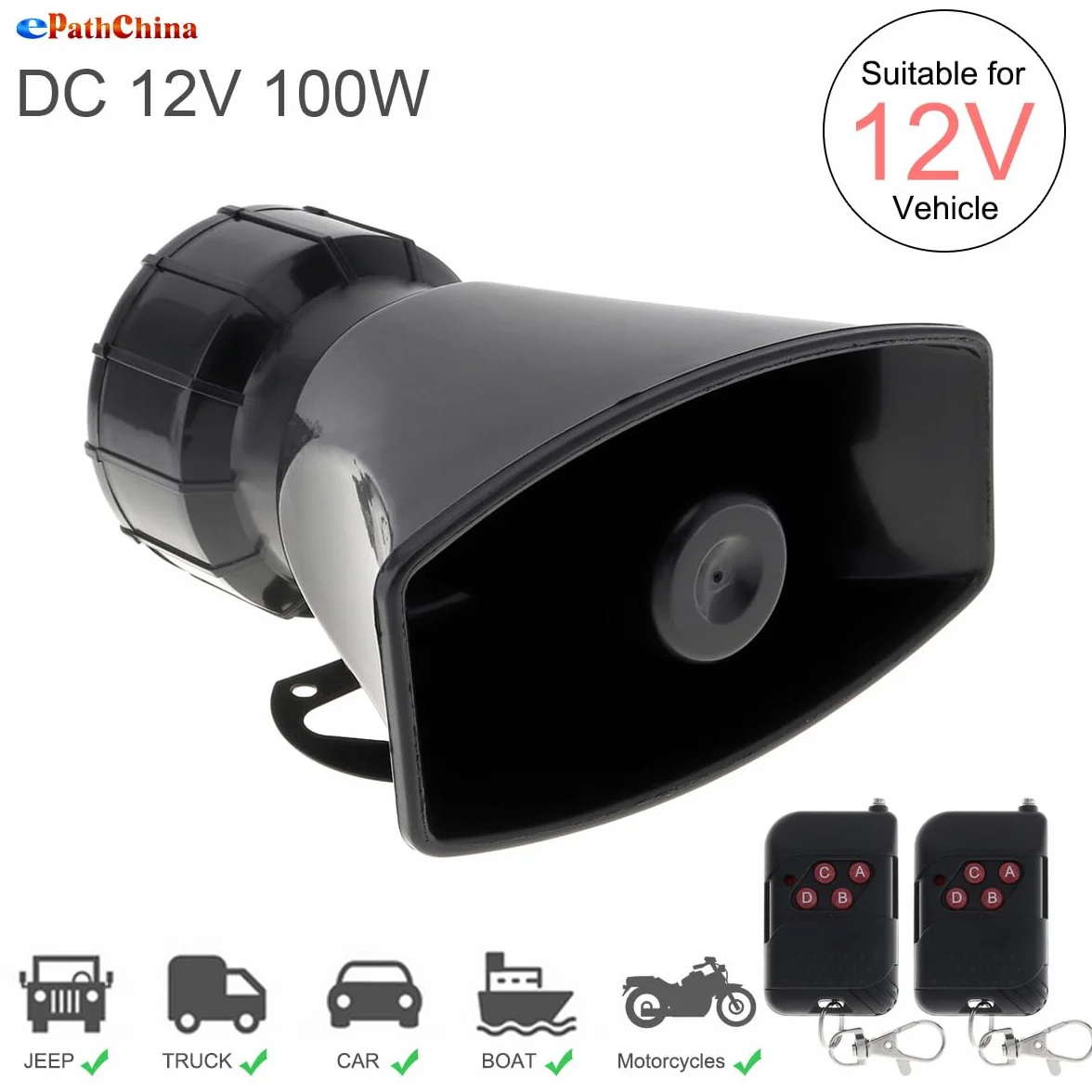 Sirena de coche con 7 sonidos: bocina, alarma tipo incendio, ambulancia, circulación, policía, con mando a distancia negro, 12 V 100 W (2 x mando a distancia)