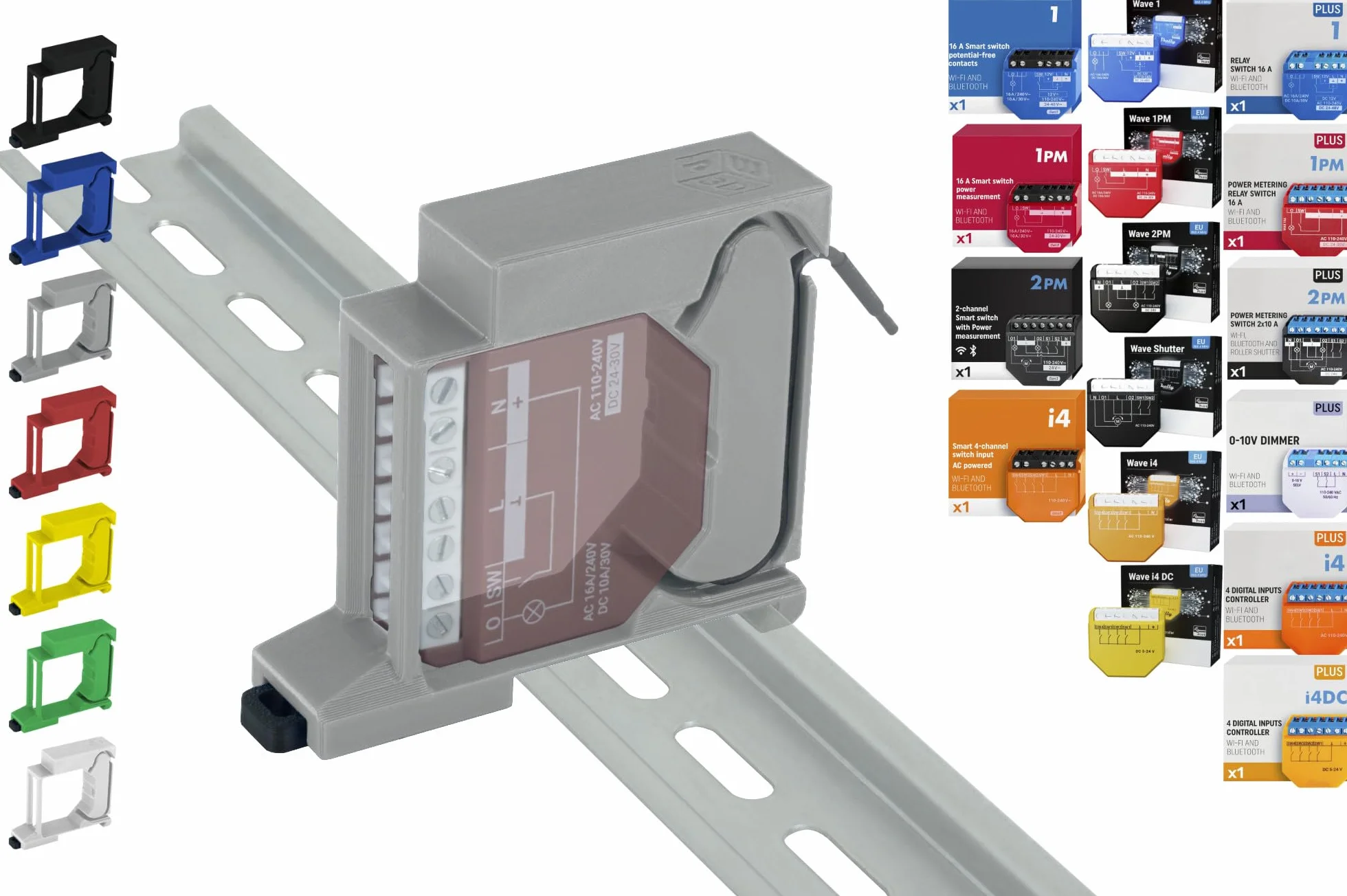 Soporte de carril "Single" para 18 Shellys: 1 Gen3, 1PM Gen3, 2PM Gen3, i4 Gen3, Plus 1, Plus 1PM, Plus 2PM, Plus i4, Plus 0-10V Dimmer, Wave 1, Wave 1PM, Wave 2PM, Wave Shutter, Wave i4 (Gris)