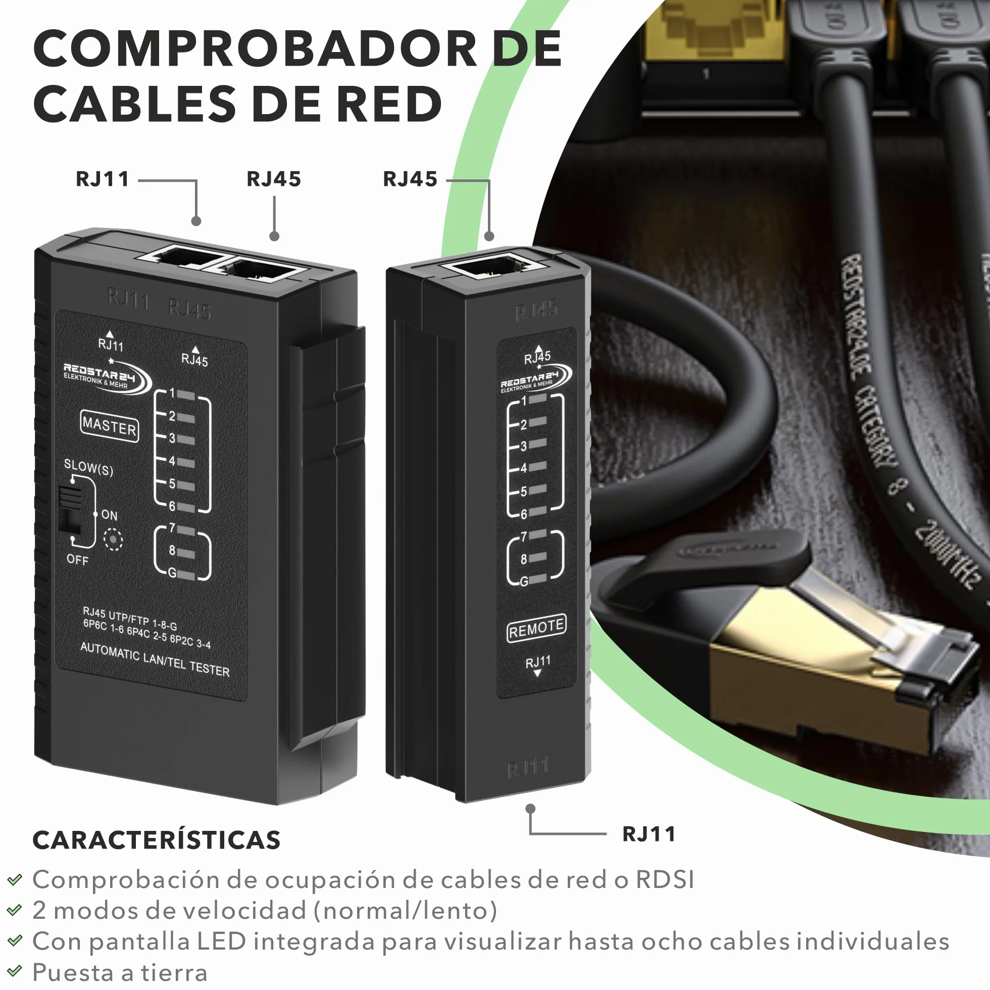 RedStar24 Comprobador RJ45 - Probador Red - Tester Cables LAN RJ11, RJ12, RJ45 para Patch Cables - LEDs Prueba para Testeo Preciso LAN y Red - Ideal para Tests Cables y Líneas