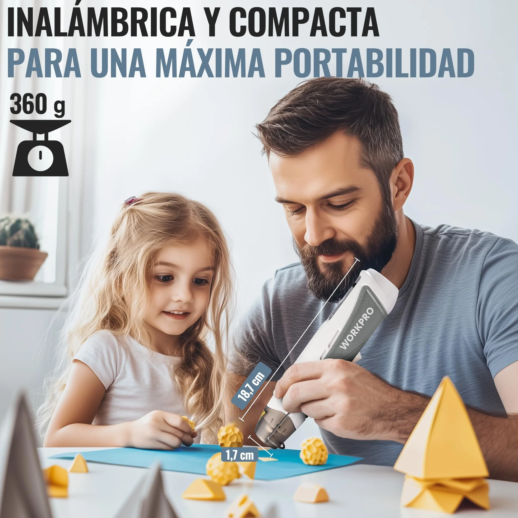WORKPRO Mini Pistola de Calor de 7,2 V, Pistola de Aire Caliente Inalámbrica, 3 Temperaturas(Frío/150℃/360℃), Calentamiento Rápido, con Boquilla Reflectora, 2000 mAh, Ideal para Manualidades y DIY