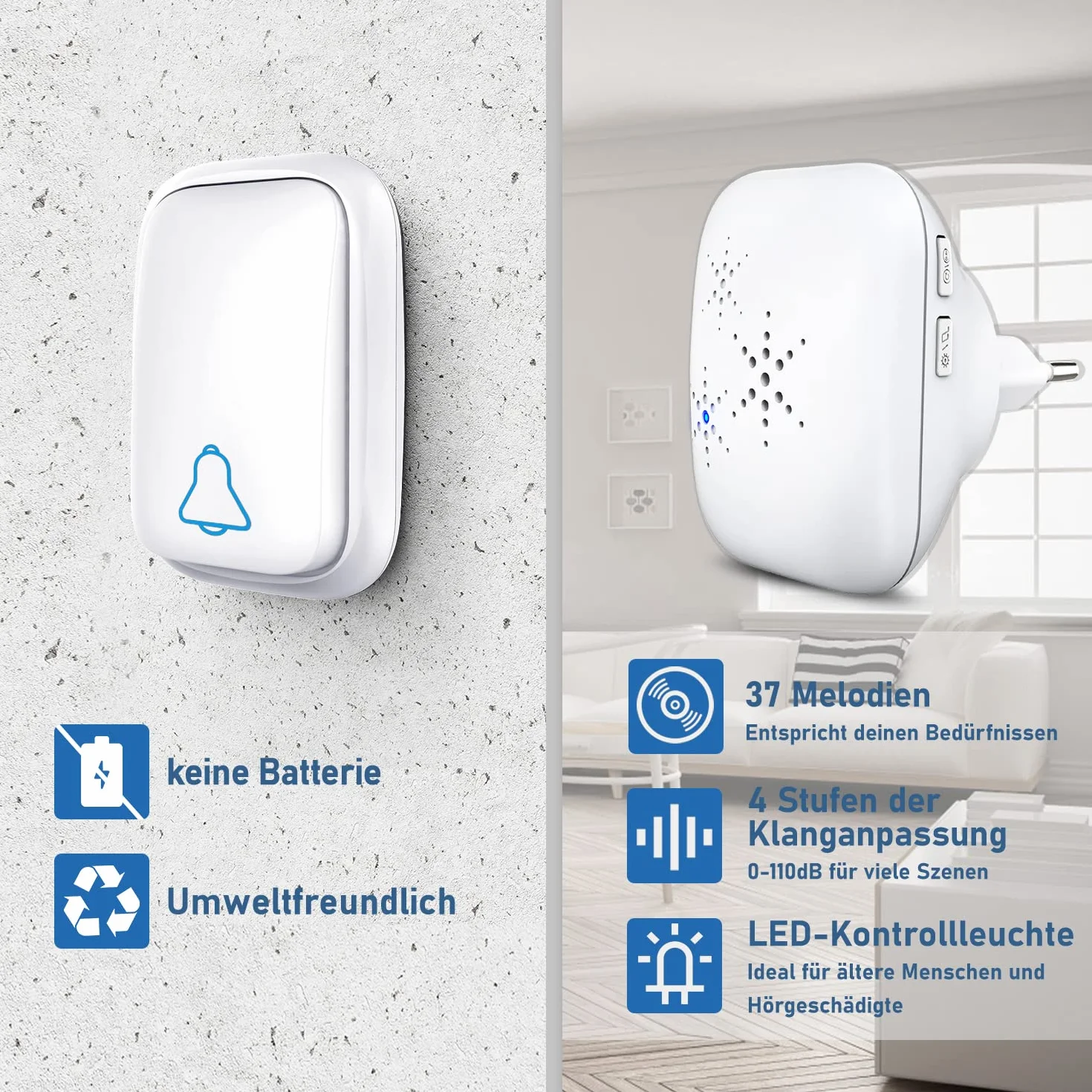 Timbre de puerta inalámbrico exterior impermeable IP68 2 receptores 150m 37 tonos 4 niveles volumen blanco