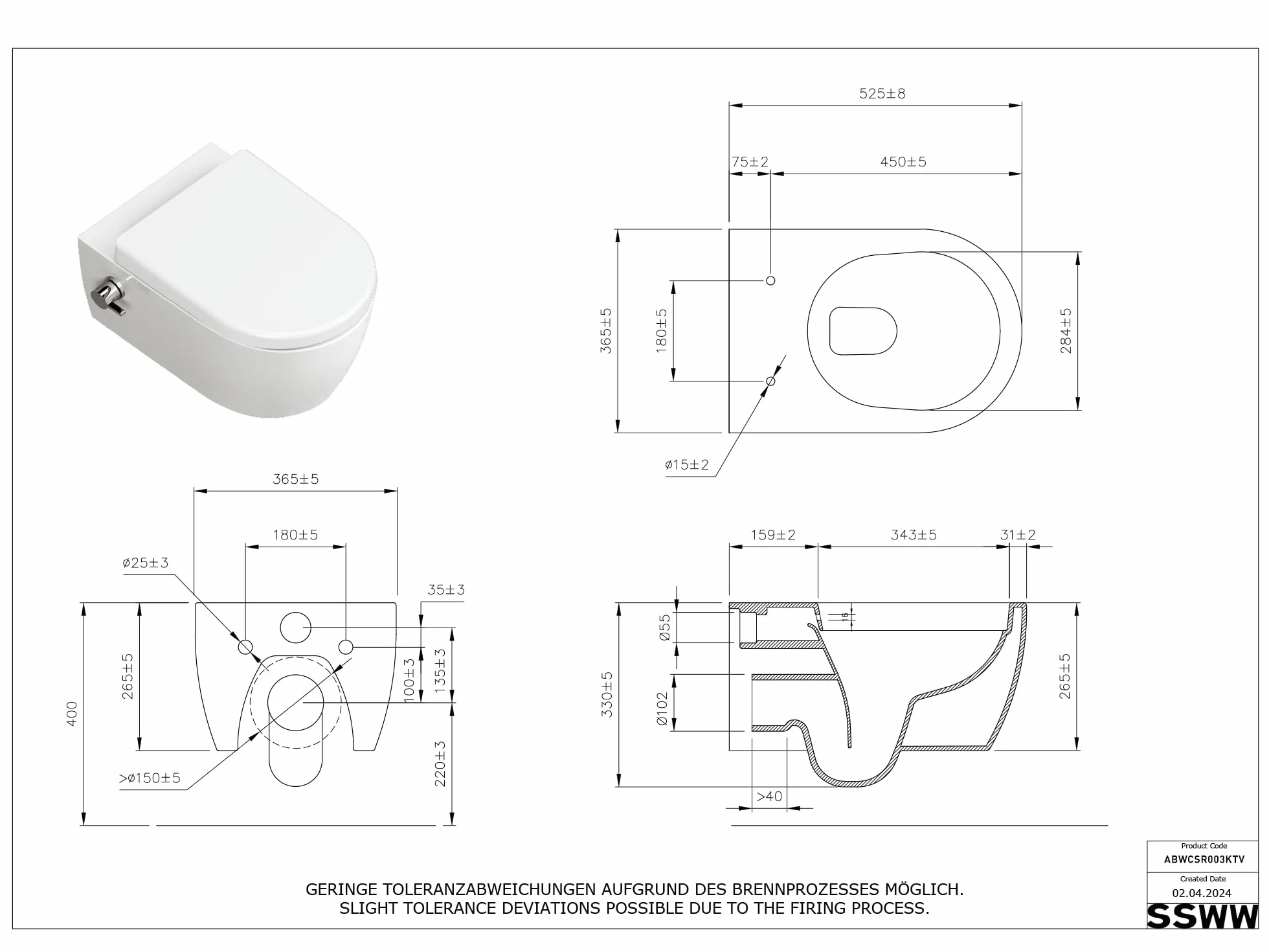SSWW Taharet - Con Grifos y asiento extraíble Softclose | Ducha para inodoro suspendida | WC con función bidé | Higiénico | Alfa sin borde | 540 x 360 x 330 mm