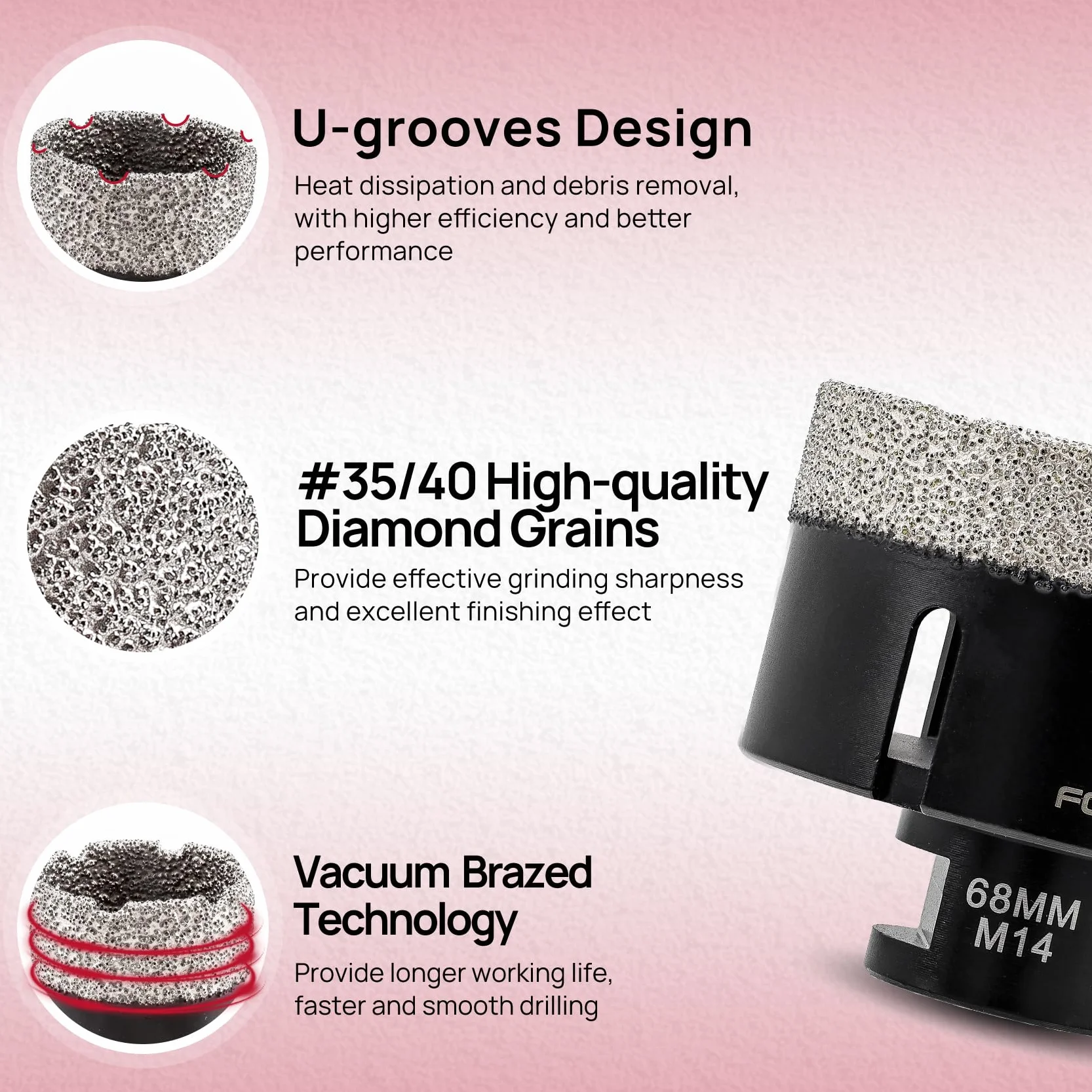 FOCSTOL Brocas Diamante - 68mm Corona Diamante para Porcelanico Baldosa Cerámica Mármol Granito Cuarzo para M14 Rosca Amoladora Angular
