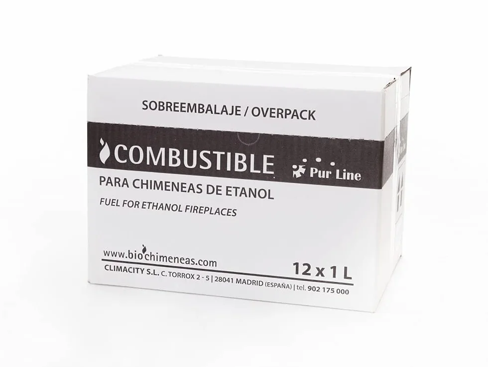 PUR LINE | Combustible etanol vegetal aroma a madera biochimeneas, caja 12 botellas 1L - Combustible Etanol Ecológico, sin humo, elimina olores y recrea ambiente chimenea leña
