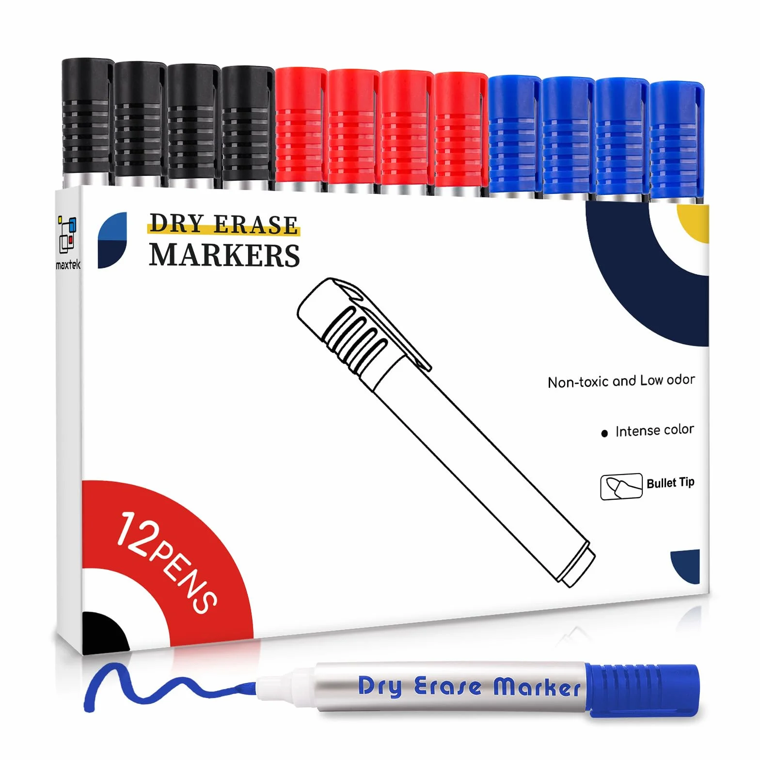 Maxtek Rotuladores Pizarra Blanca 12 Whiteboard Marker Punta Redonda 2-3 mm Juego 3 Colores