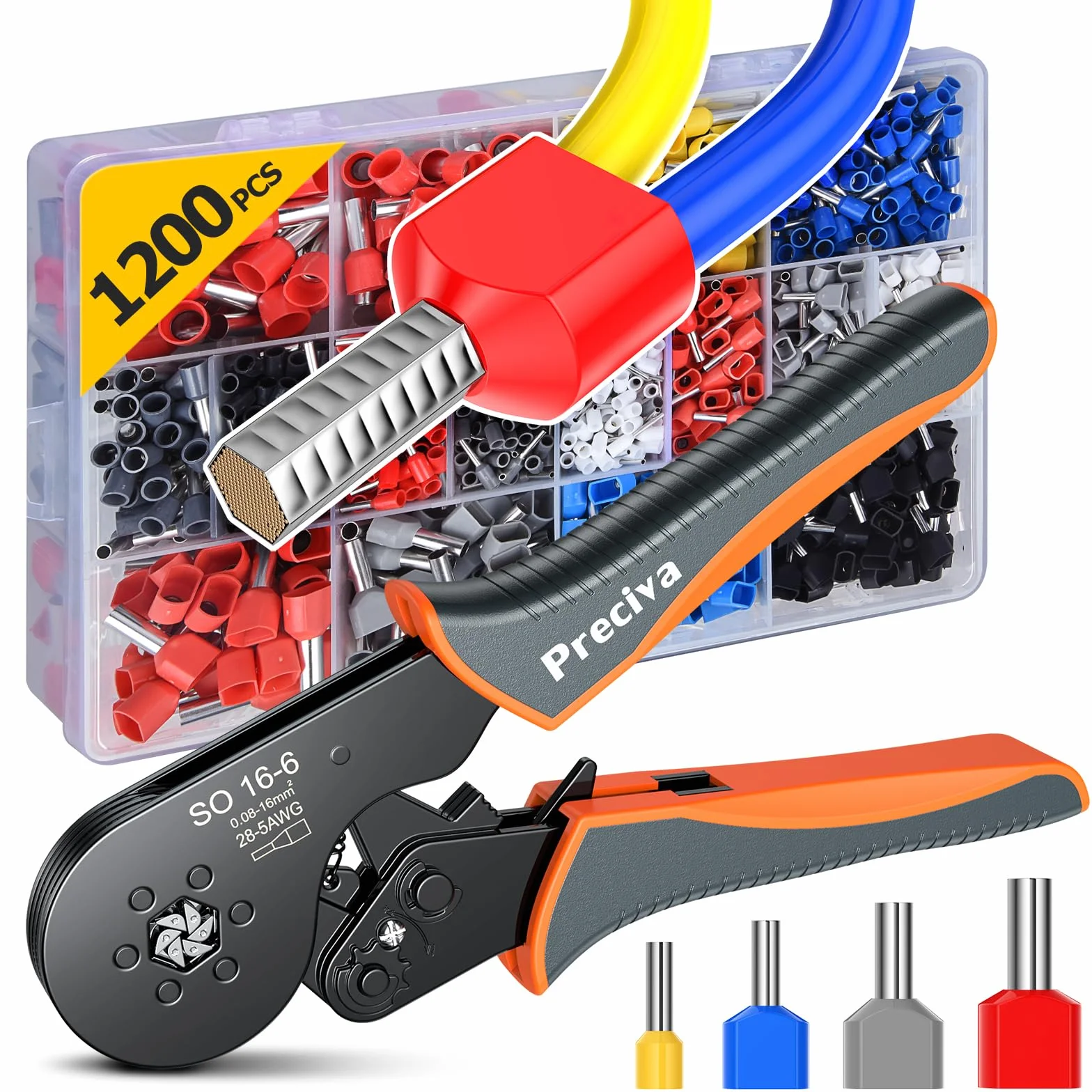 Crimpadora Terminales, alicat para engarzar 0,08-16 mm² Juego de alicat para extremos de cables con 1200 punteras para cables dobles y simples para bricolaje y uso industrial