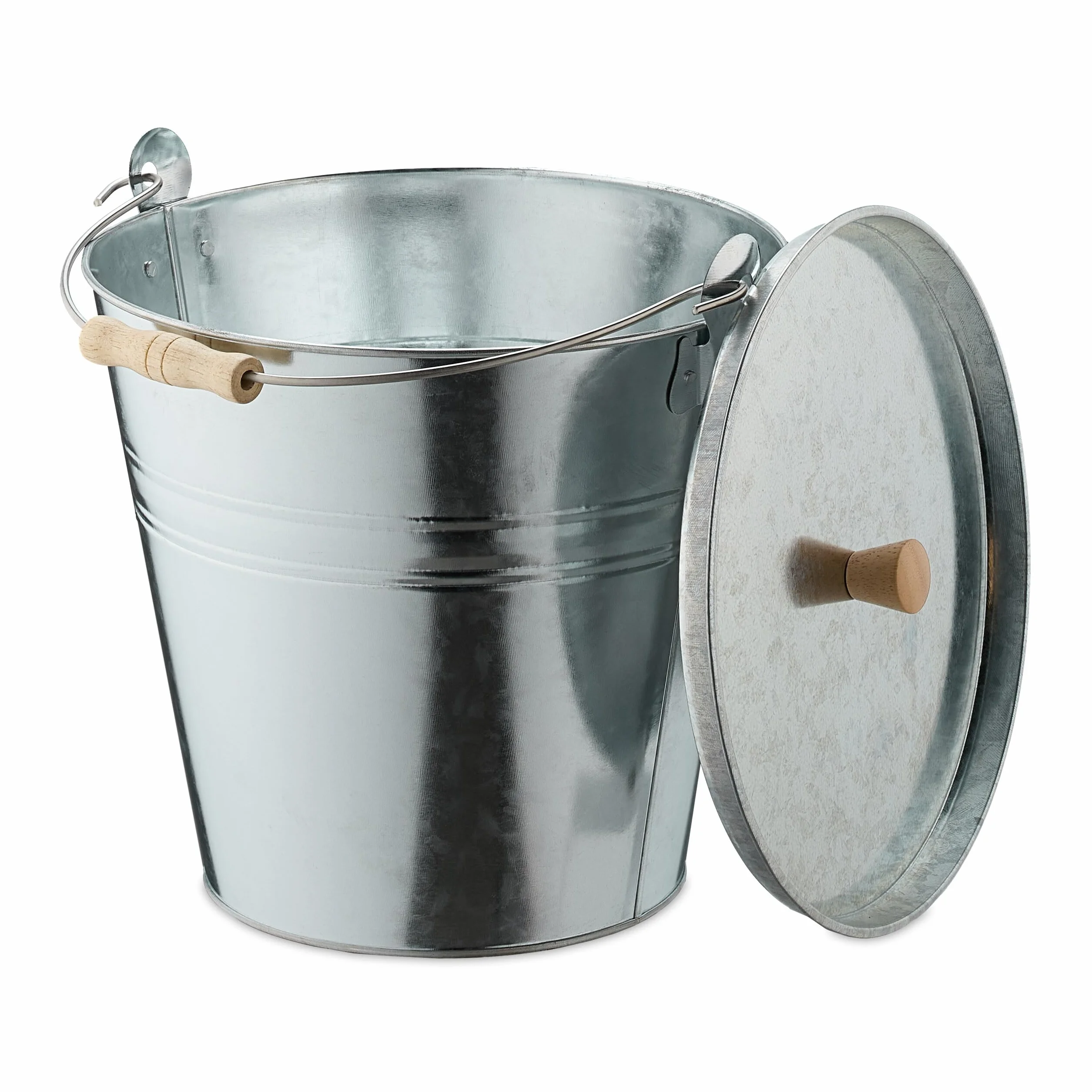 Relaxdays Cubo para Cenizas con Tapa, 12,5 L, Accesorio Chimenea, Estufa, Asa Madera, Almacenar Carbón, Acero, Plateado