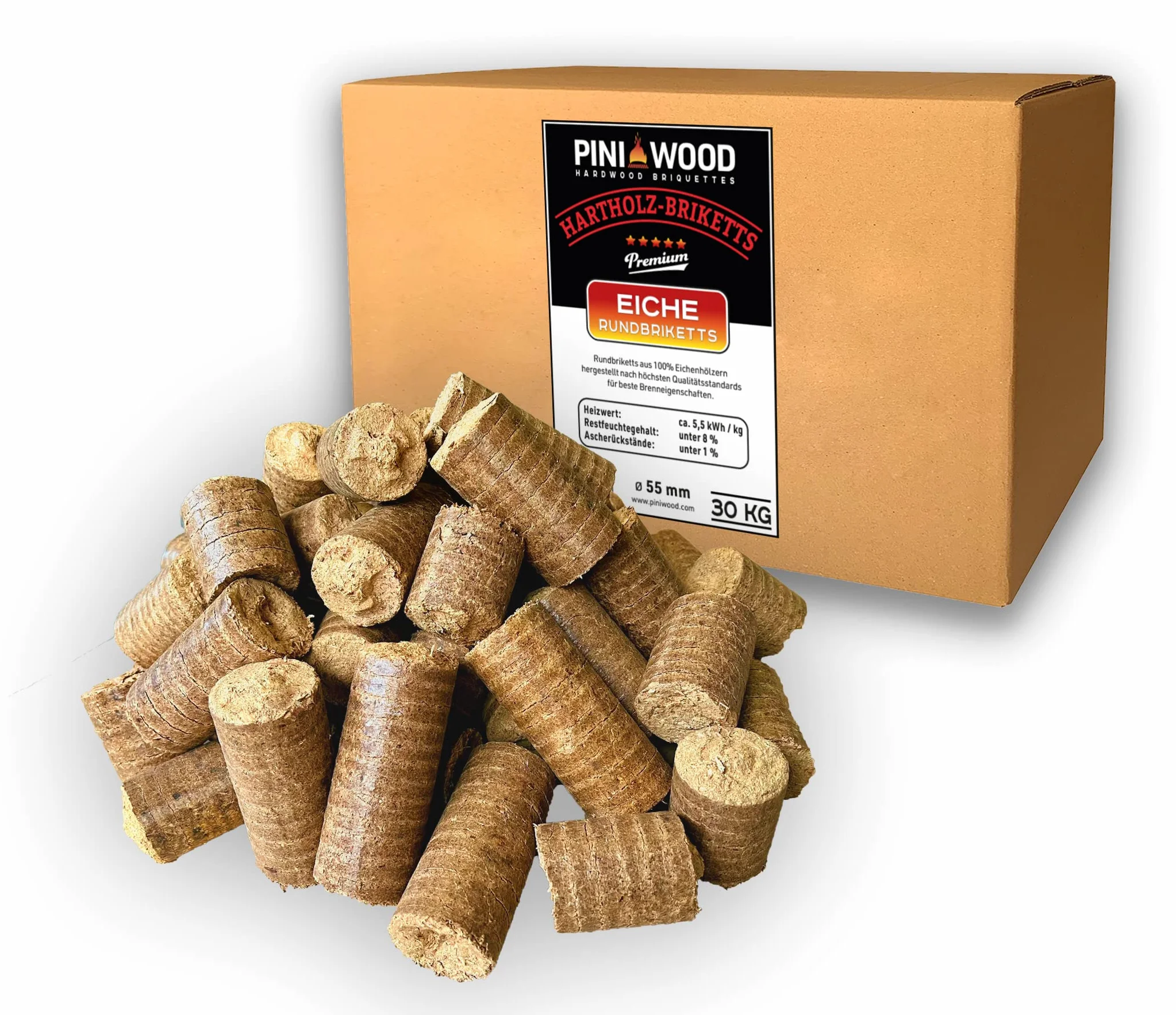 PINI Briquetas de madera dura, 100% roble, 30 kg, chimenea, estufa, leña, barbacoa, briquetas de roble con larga duración de combustión
