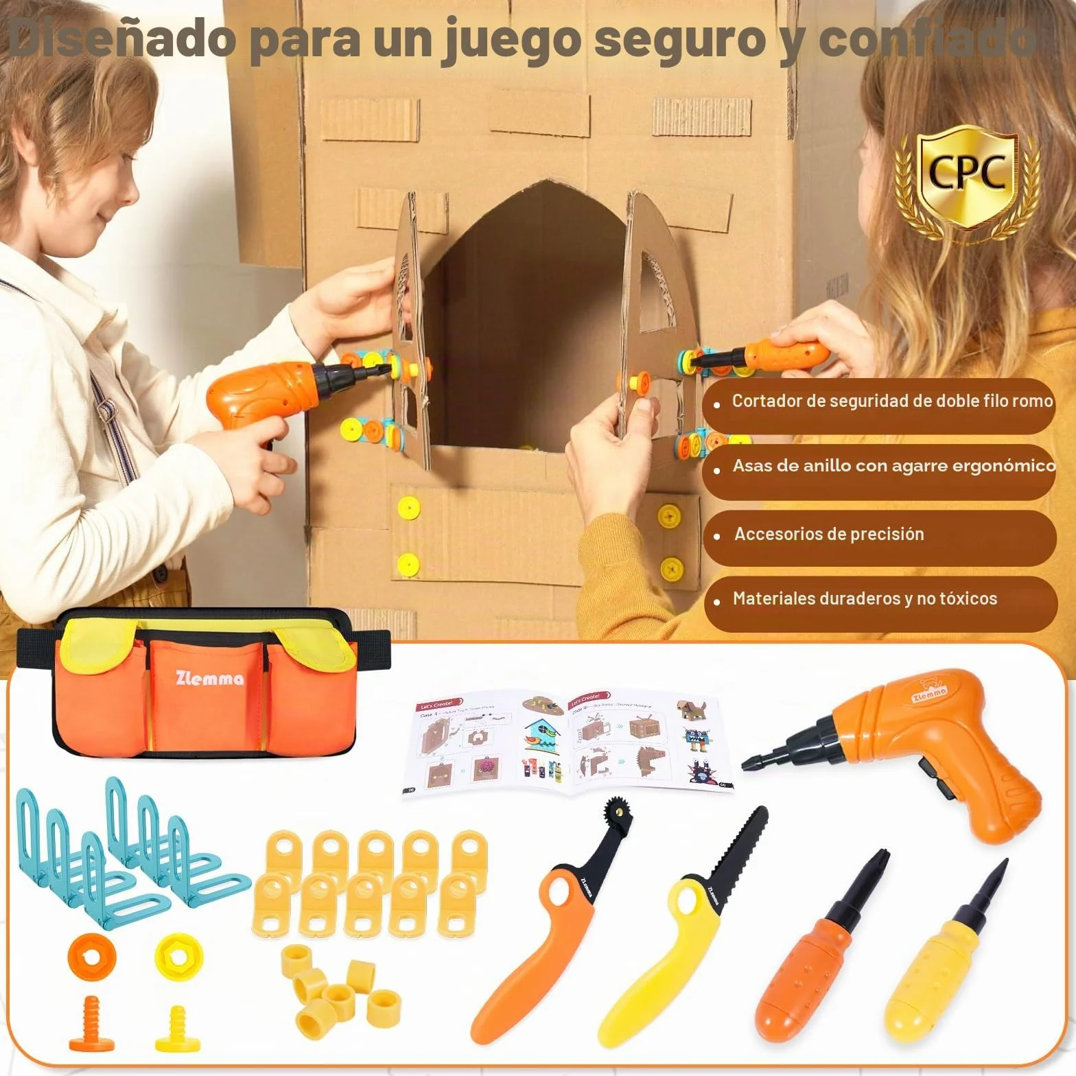 Juego de herramientas para niños (258 piezas, con taladro, cinturón, tornillos, tuercas, bisagras y piezas móviles, caja de regalo reutilizable, juguete educativo DIY