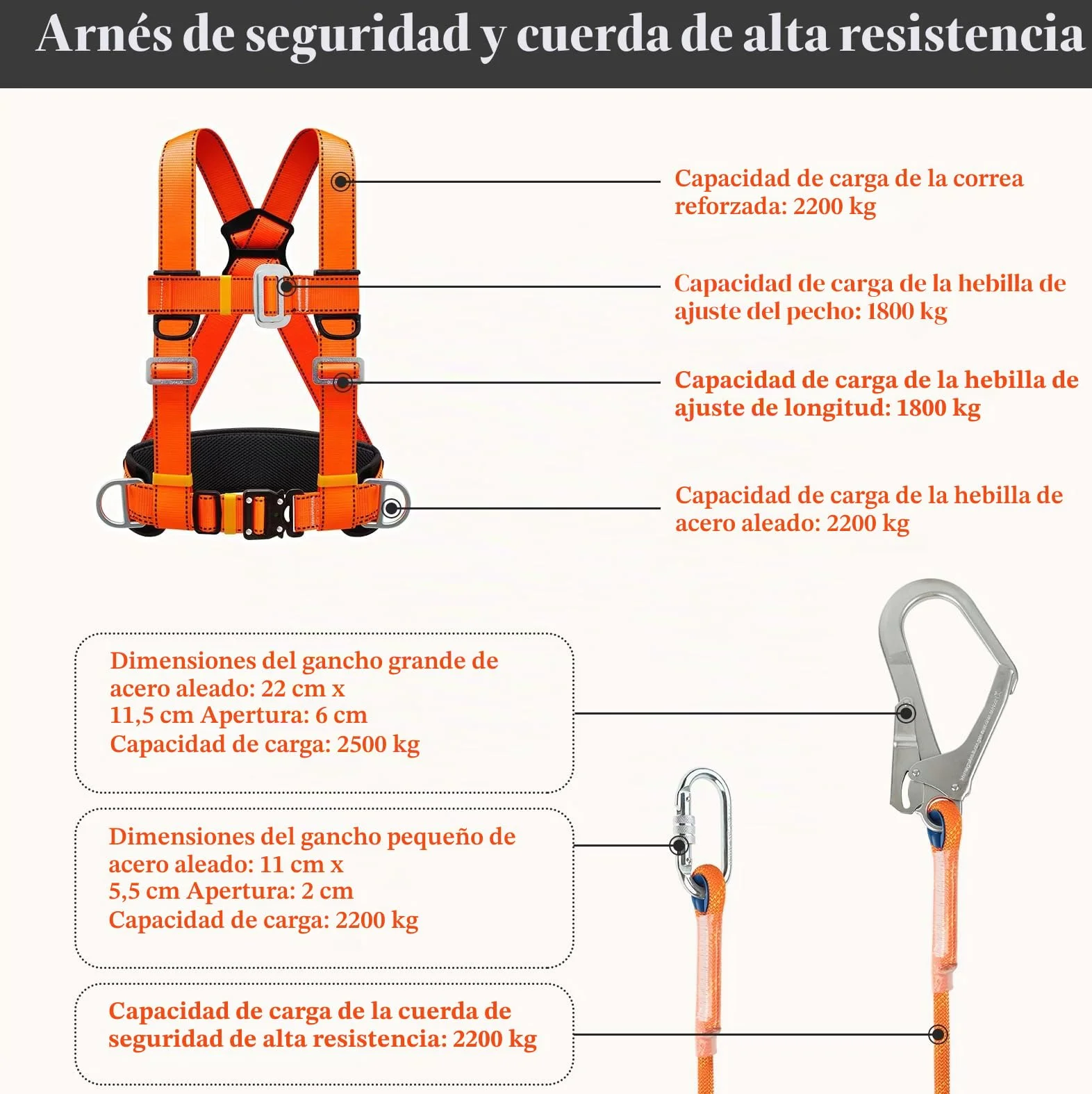 Kit de Arnés de Seguridad Anticaídas, 100 kg, Soporte Vientre Engrosado, Hebilla Grande 1,6 m