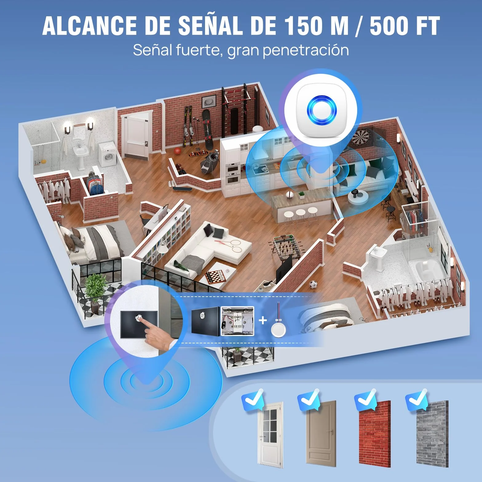 Conjunto de Extensión de Señal Inalámbrica PHYSEN, Amplificador de Timbre y Campana, Reenvío de Timbre para Timbre Existente, Timbre para Dormitorio, Ático y Sótano, 1 Repetidor de Señal 1 Receptor