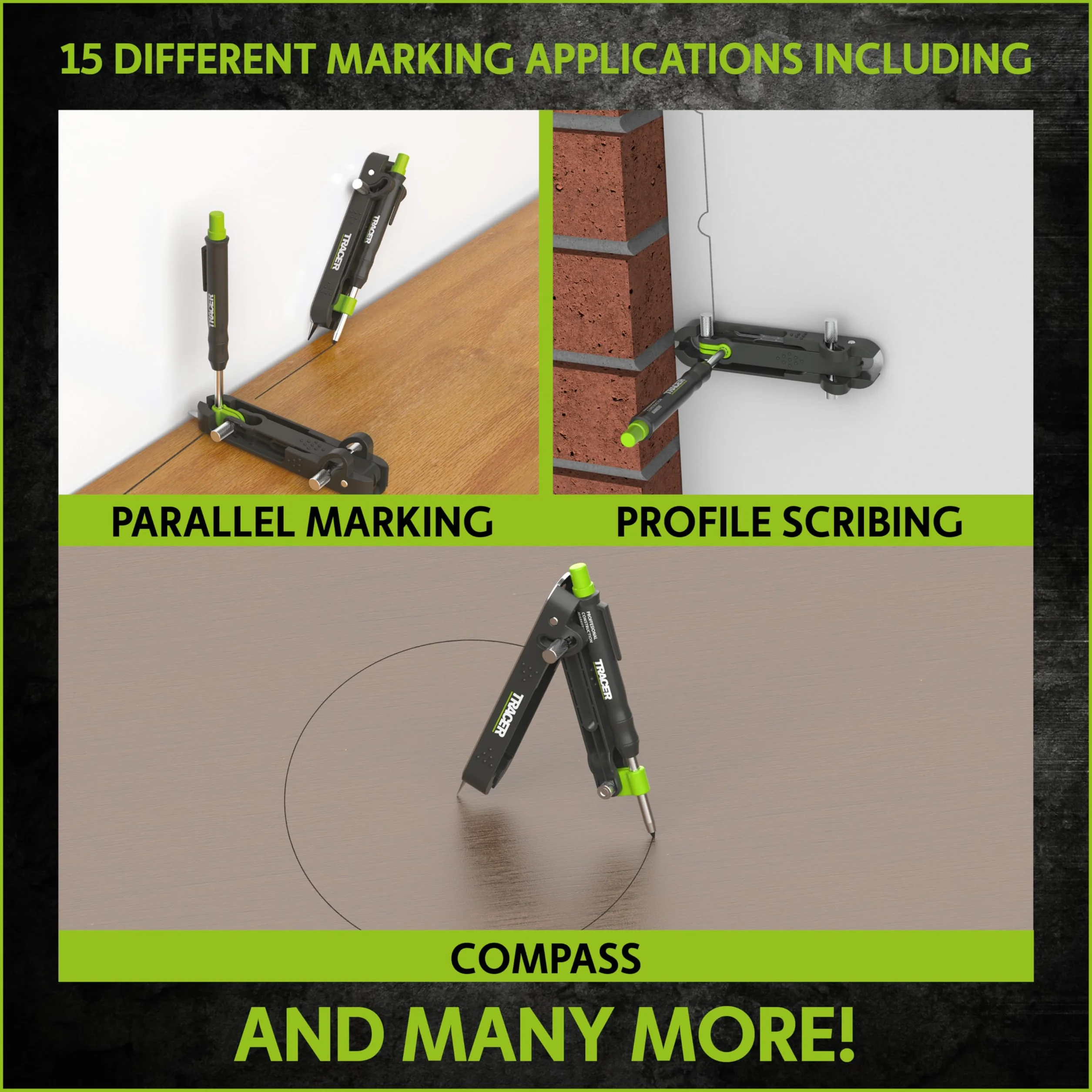 Tracer ProScribe APST2 | Herramienta de Trazado Multifunción con Gramil, Lápiz de Agujero Profundo y Estuche | +15 Aplicaciones | Carpinteros, Albañiles | Madera, Metal, Plástico