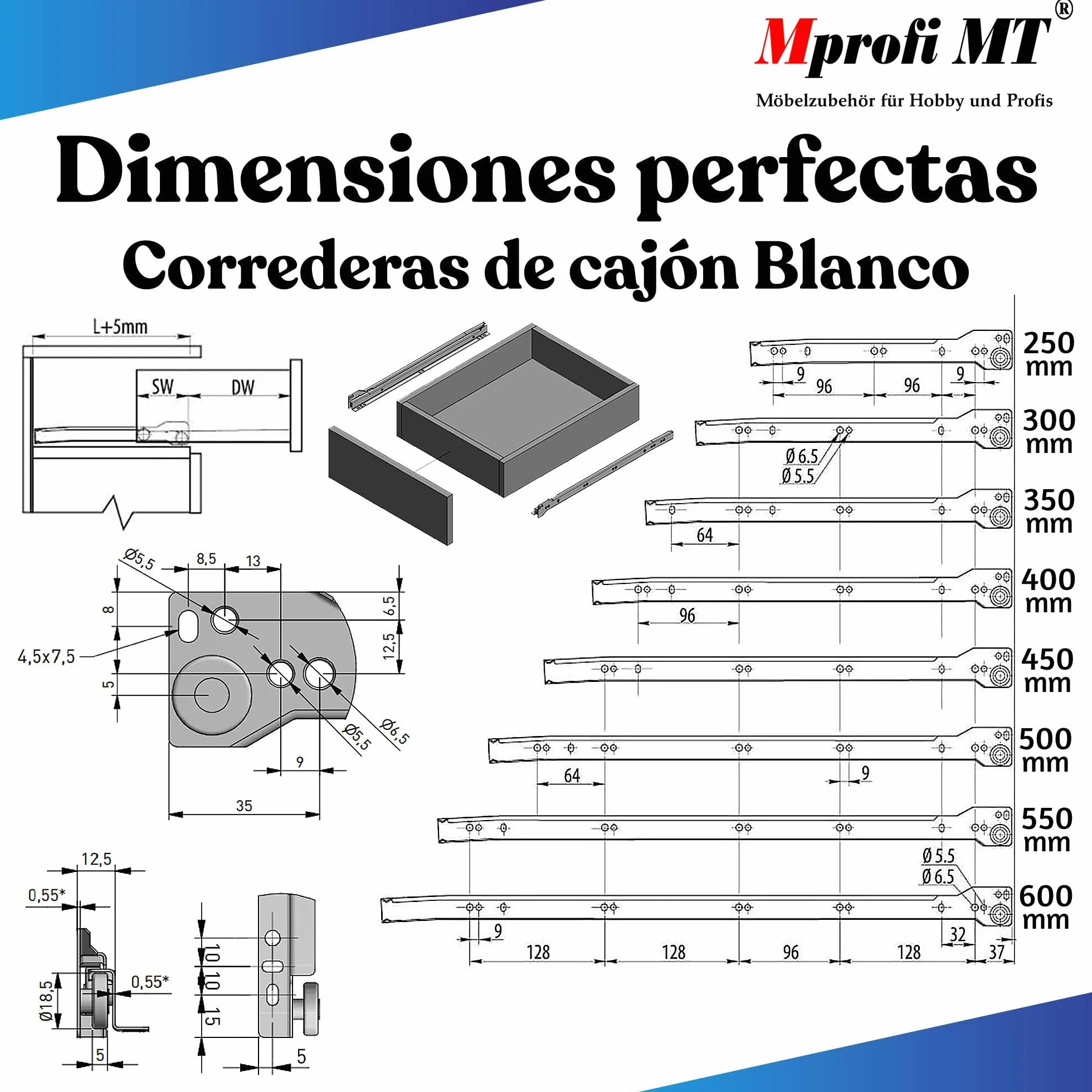 Mprofi MT® 20 Piezas, 10 Pares | Guías para Cajones | L:350mm | Correderas de Cajón | Extracción de Cajones | Rieles para Cajones | Guía de Bolas | Extracción Parcial
