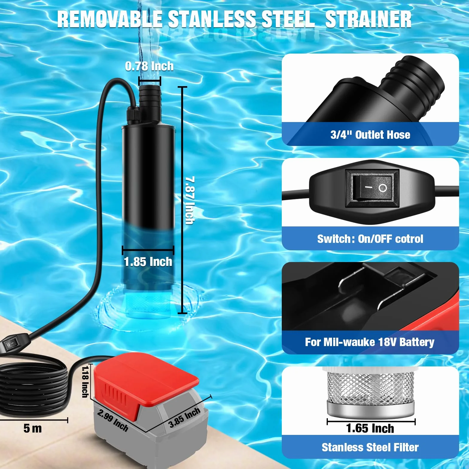 Bomba sumergible inalámbrica compatible con batería Milwaukee M18V (sin batería), 100 W, 635 GPH, bomba de sumidero portátil sin escobillas con manguera de 1 m, bomba de agua para piscina, jacuzzi