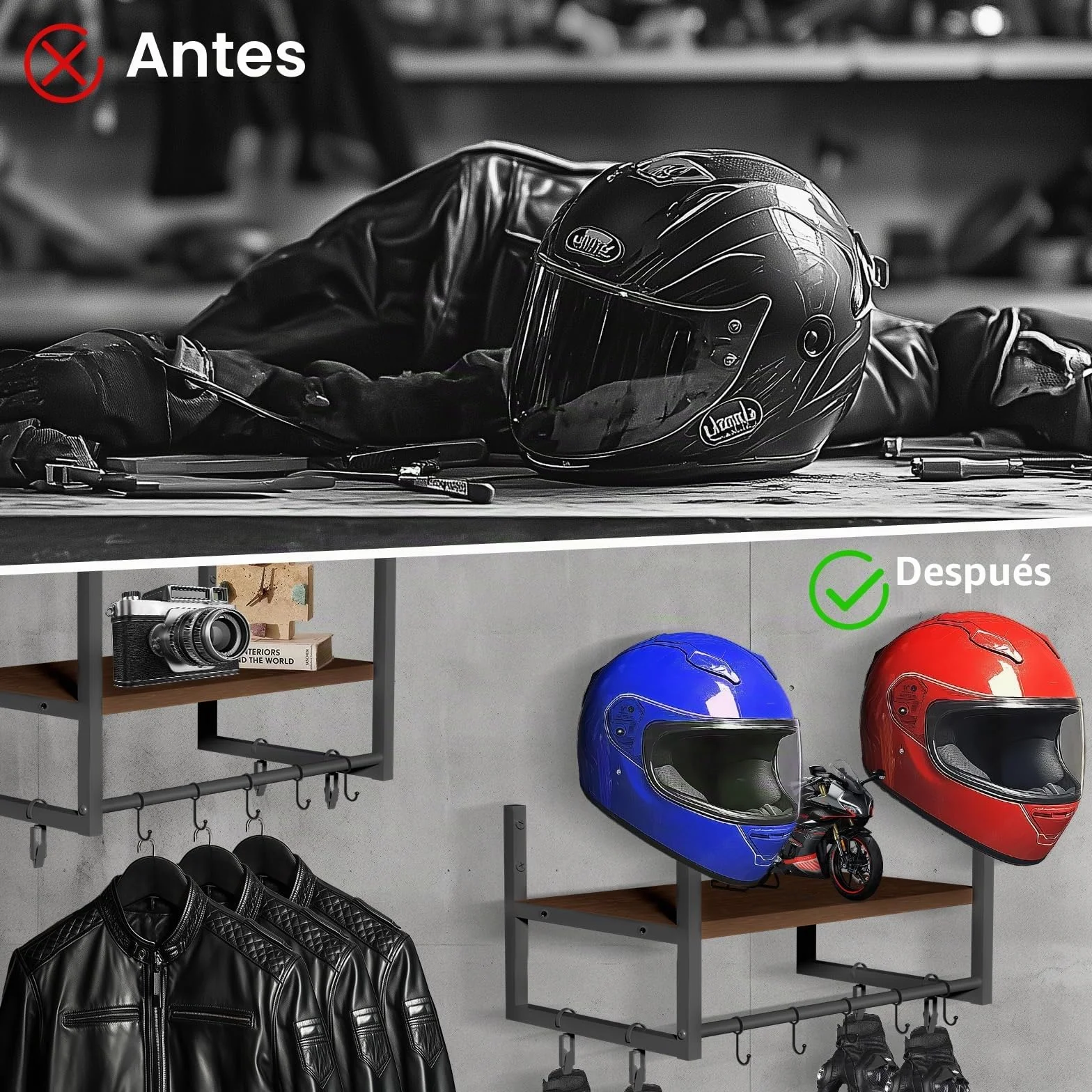 Soporte de pared moto para casco, colgador casco moto pared Perchero con tablas de capas de madera, 2 soportes para casco, fútbol y equipo de ciclismo, Marrón oscuro