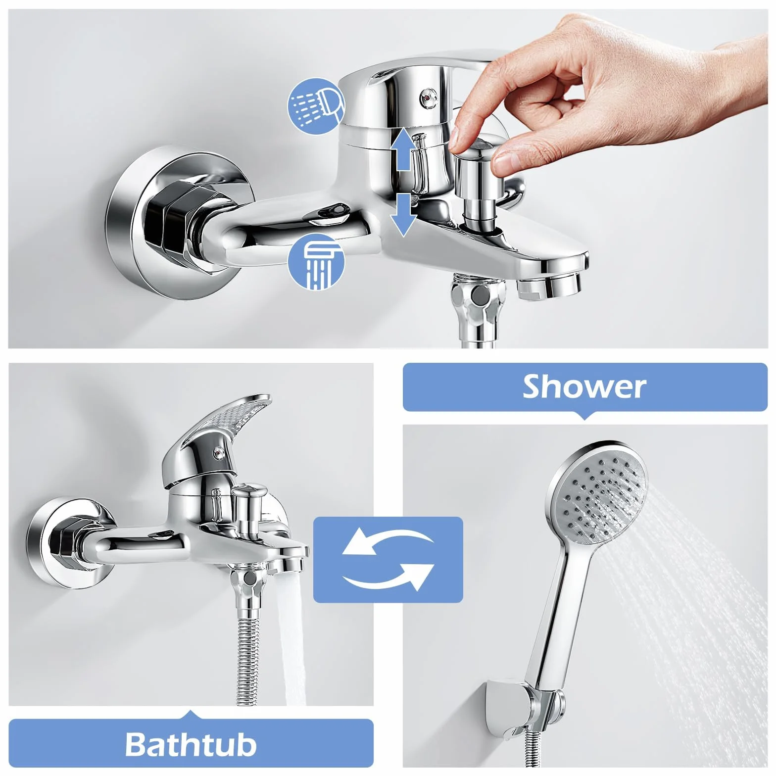 Grifo Monomando de Bañera y ducha, Grifo para Bañera Montaje en Pared, Grifo Ducha de Baño, Cromado