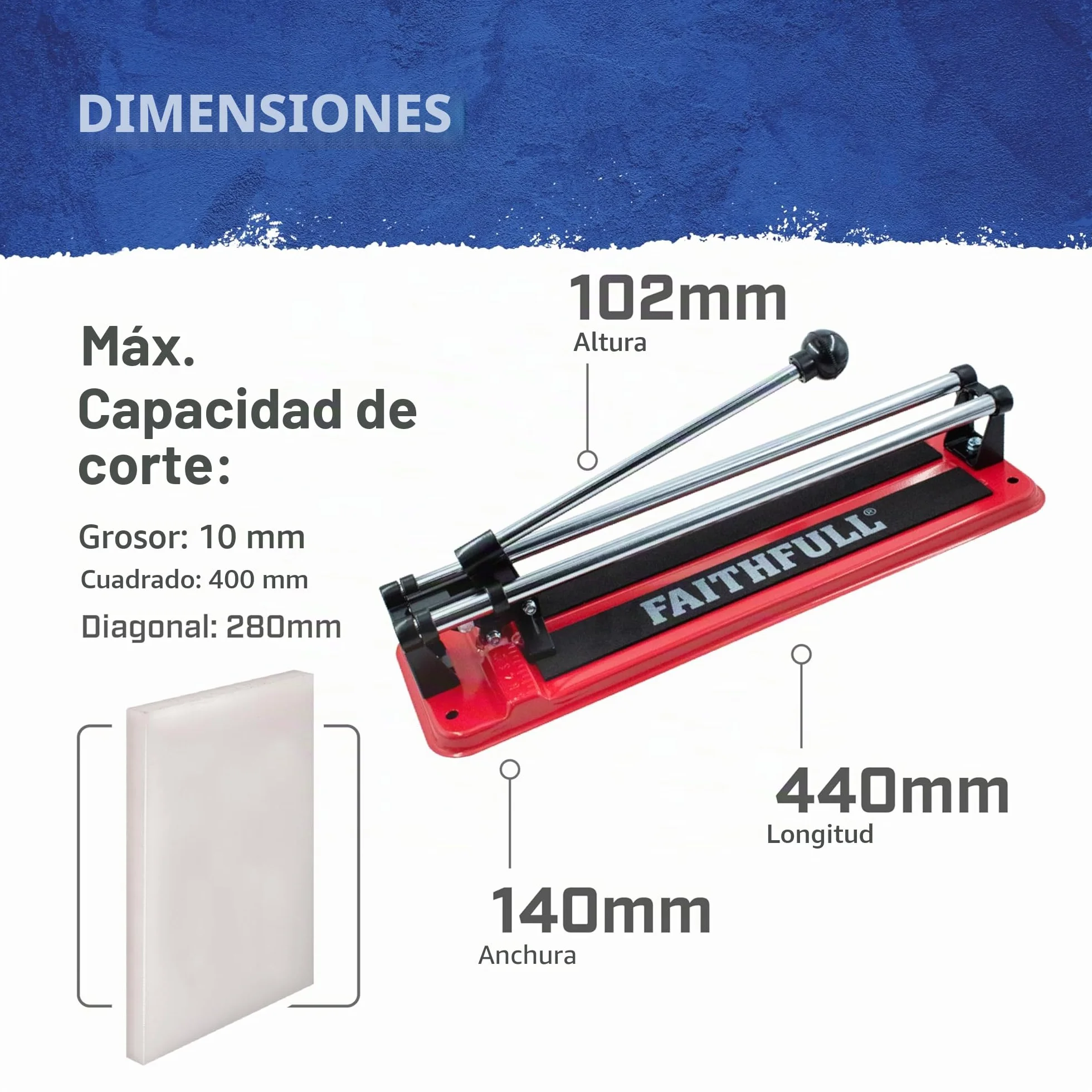 Cortadora Faithfull 300 mm - 300 mm cuadrados, 210 mm diag., 10 mm grosor | Doble riel, rueda de carburo de tungsteno, guía angular, base antideslizante para azulejos de pared, suelo y cantera