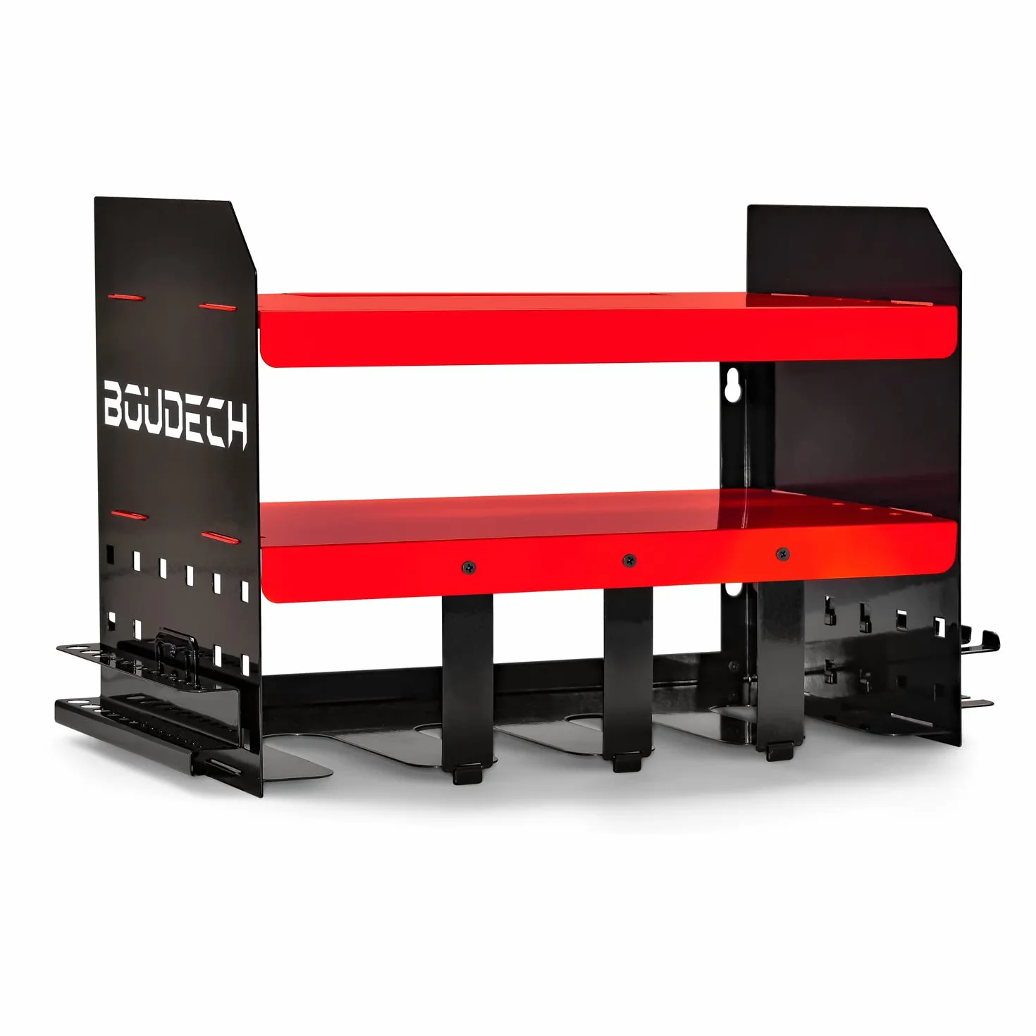 BOUDECH Taka - Estante de acero para herramientas de garaje, organizador de 2 niveles para herramientas eléctricas, soporte de pared para taladros, brocas y destornilladores