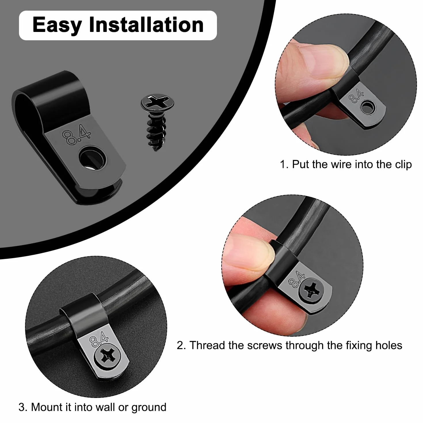 VooGenzek 100 Piezas 8.4mm (5/16 Pulgada) Clips de Cable de Nailon Tipo R, Abrazaderas de Cable Tipo R con 100 Piezas de Tornillos, para Gestión de Cables (Negro)