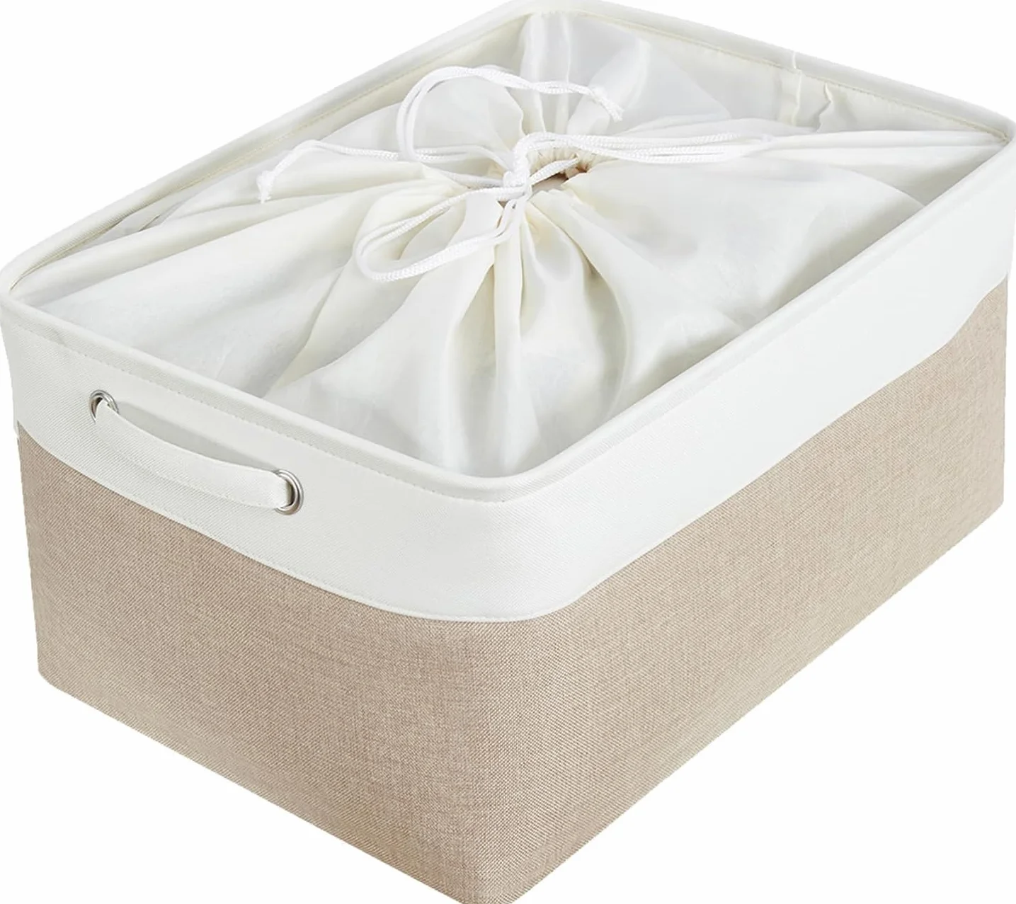 Mangata Cestas de almacenaje Ropa, Caja almacenaje Tela de Lona con Asas para estantes, Juguetes, Caqui claro Blanco, L, 1