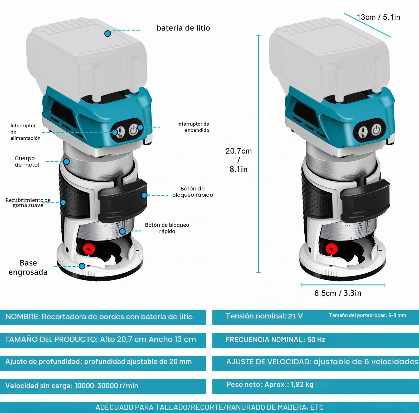 Router inalámbrico compatible con batería Makita 18 V (sin bateríe), recortadora de madera 800 W 6 velocidades, guía recta, rueda guía, 15 brocas fresado, conducto de polvo
