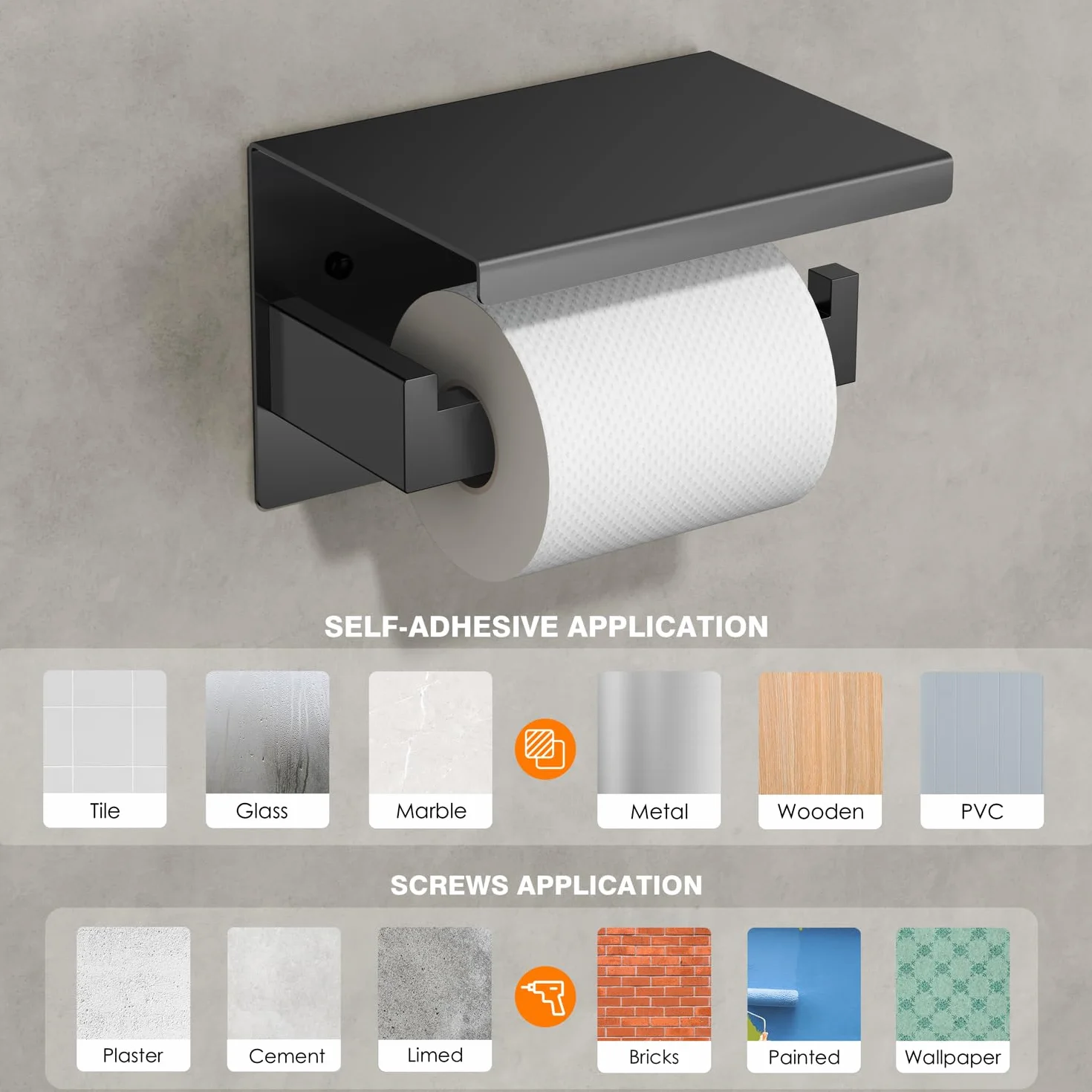 Auxmir Portarrollos Papel Higienico, Portarrollos Baño Adhesivo, Acero Inoxidable, Porta Rollos de Papel Higienico con Estante de Almacenamiento, Soporte Papel Higienico para Cocina, Baño, Negro