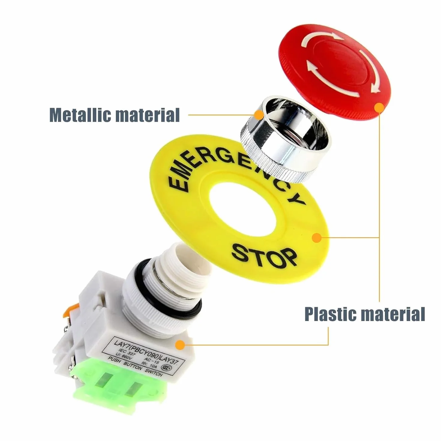 TECHZOCO Interruptor de Botón de Presión para Parada de Emergencia, Seta Pulsador Emergencia, Botón para Emergencia, Instalación orificio de apertura 22 mm, NO + 1 NC DPST, 660V 10A
