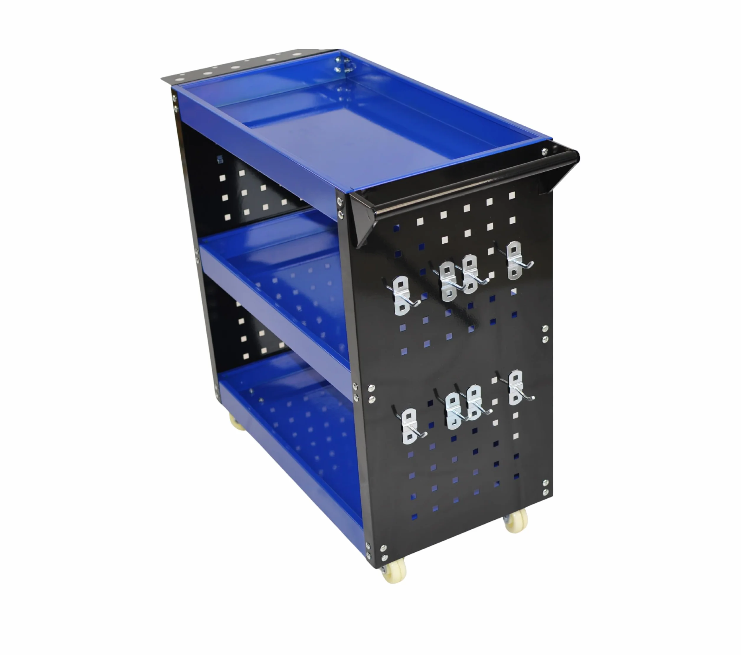 Carro de Taller Profesional 3 Baldas con Paneles Laterales y Ganchos – Azul/Negro – 700×350×760 mm – Carro Herramientas con Ruedas Maniobrable