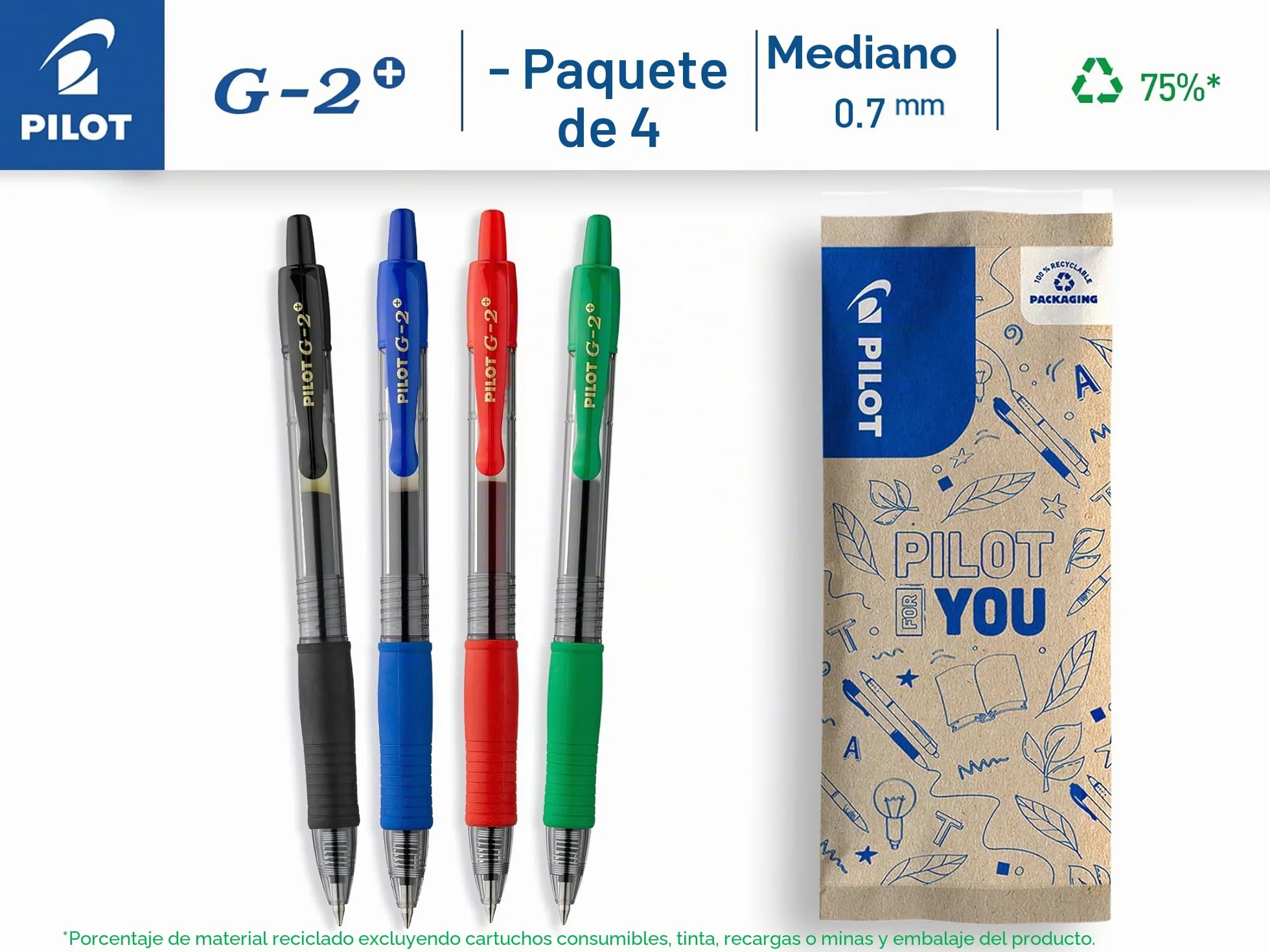 PILOT G2 Plus Bolígrafos Roller Tinta Gel Retráctiles Recargables Punta Media 4 Colores Negro Azul Rojo Verde