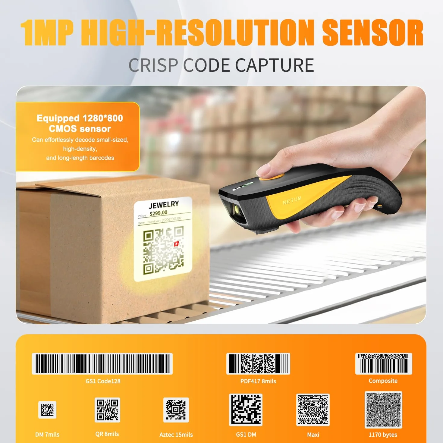 NETUM CS7501 Escáner de Código QR Bluetooth, Lector de Código de Barras Portátil 1D 2D Inalámbrico para Gestión de Inventario