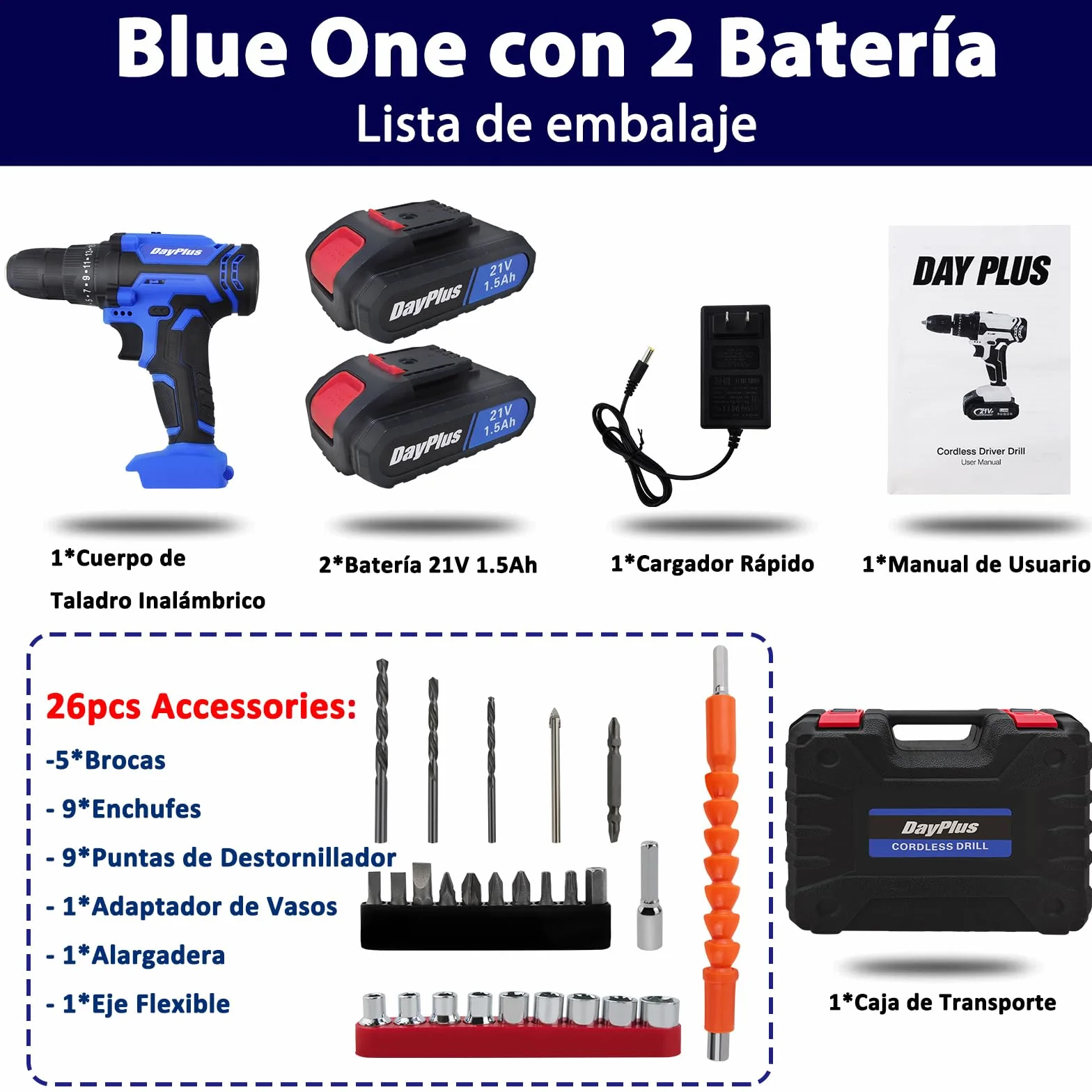 21V Taladro Atornillador Batería Kit, Taladro Atornillador Electrico con 2x1,5Ah Baterías, 26Pcs Kit Destornillador Eléctrico, 42Nm Máx Trompo de Bateria, 25+1 Ajuste de Par, 2 Velocidad, LED Luz
