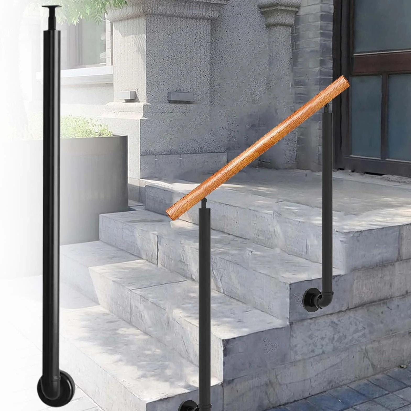 Columna de balaustres de barandilla de porche de hierro forjado, husillos de cubierta de metal para interiores y exteriores, poste de escalera negro con soportes de ángulo ajustables de 270°(95cm(37.4
