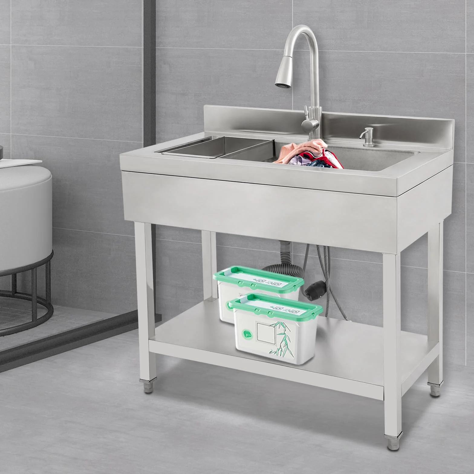 Fregadero de cocina de acero inoxidable independiente, 1 lavabo, fregadero de cocina comercial con grifo con mangueras de agua fría y caliente, fregadero para exteriores, para garaje, lavandería