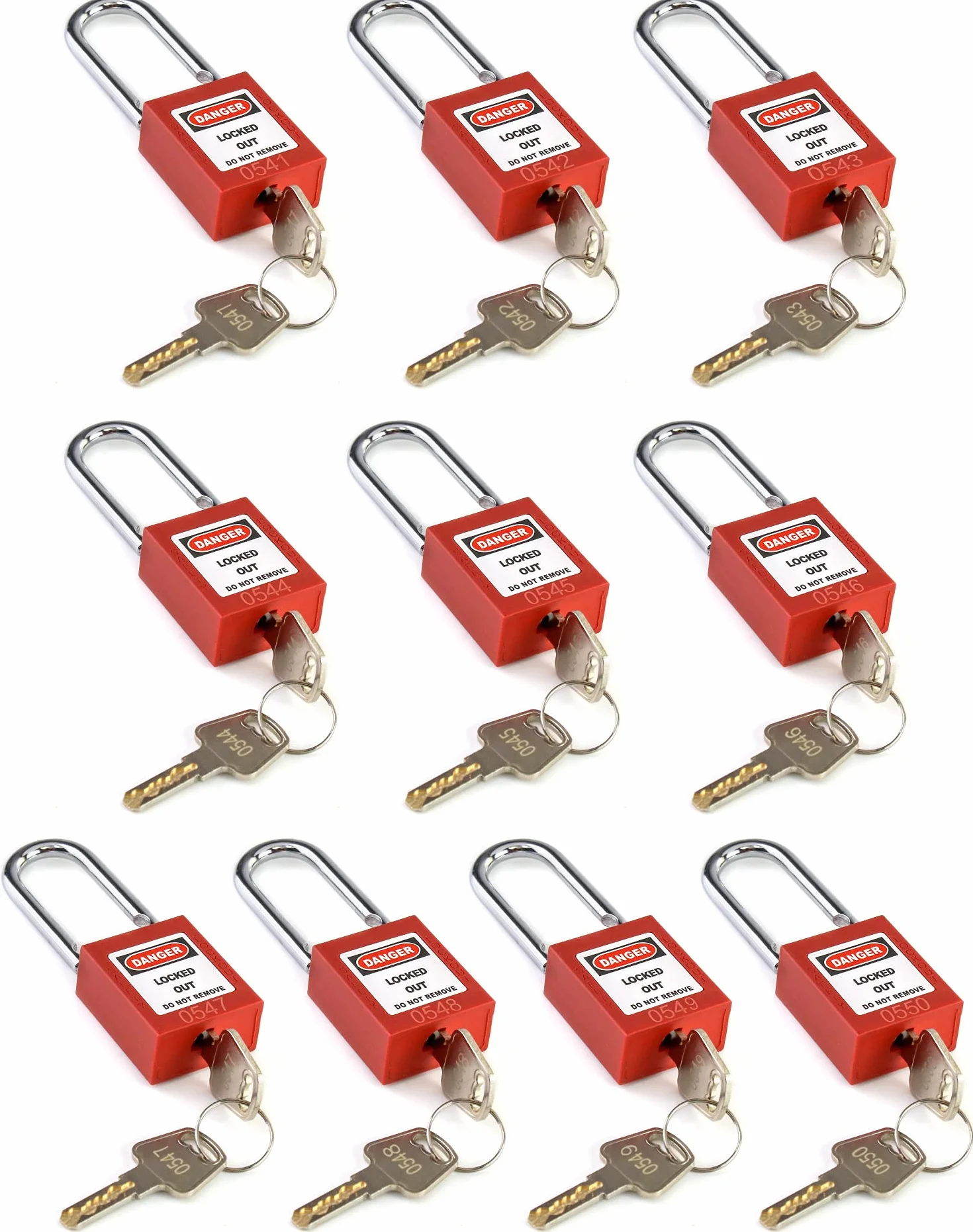 QWORK® Candado de seguridad rojo para bloqueo y etiquetado, 10 paquetes candados con 20 Clave, 38mm Steel Shackle