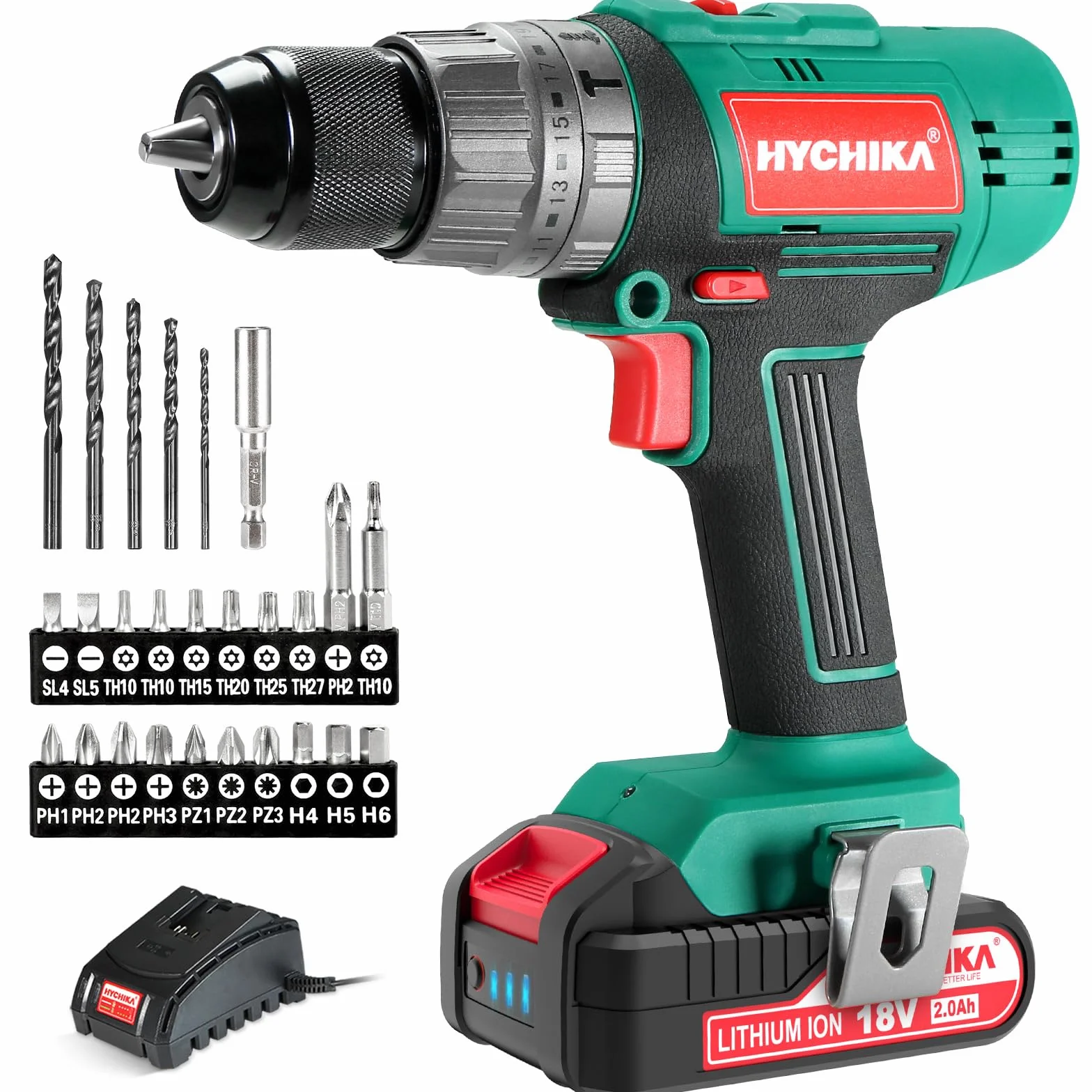 HYCHIKA Taladro Percutor Atornillador 18V 45Nm, Taladro Percutor con 2.0 Ah Batería, 27 Accesorios, 21+3 Ajustes de Par, 2 velocidades ajustables,Cargador Rápido, Para Reparaciones en El Hogar | Batería 2.0 Ah & set de 27 accesorios. Taladro de 2 velocida