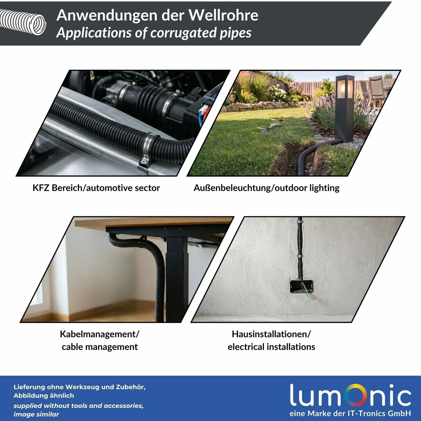 Lumonic 25m Tubo Ondulado ranurado | Diámetro Interior 4,5mm | -40...+125°C | Polipropileno ignífugo | Solar, cableado doméstico, automóvil, Armario de distribución
