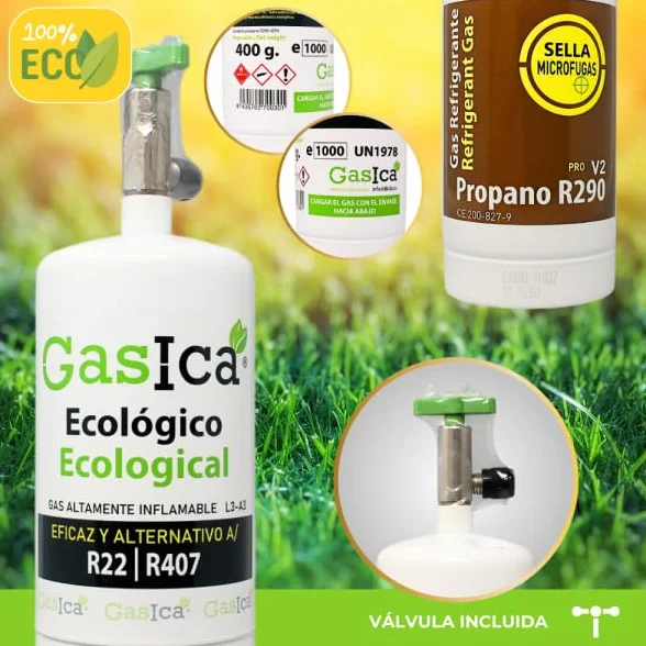 Bilake Gas refrigerante para Aire Acondicionado gasica Gas ecológico Pro V2 propano R290, 400g con Valvula, sustituye Gas R22, R407
