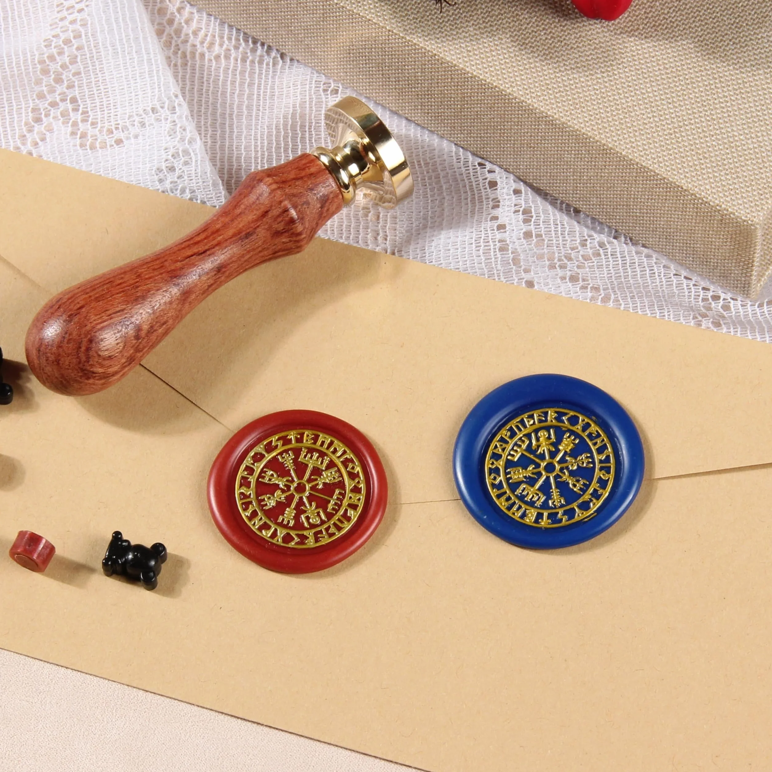 Vegvisir - Sellos de cera de brújula vikinga para sellado de hechizos de runas nórdicas, 25 mm/1 pulgada, cabeza de sello original vintage con mango de madera