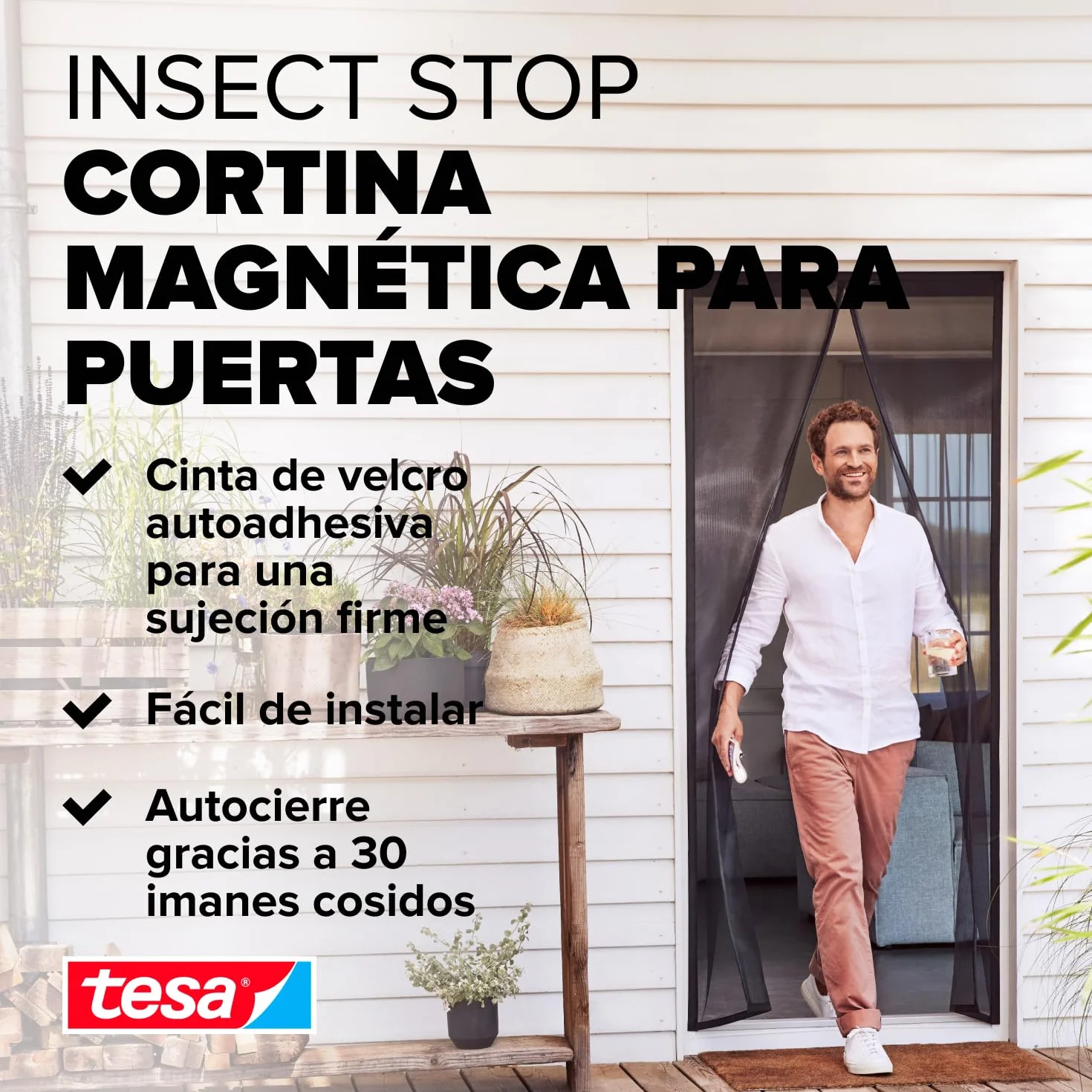 tesa Insect Stop - Cortina Mosquitera Magnética con Cierre Automático - Malla Protectora Contra Insectos para Puertas de Balcón y de Patio - Fácil Instalación sin Taladrar - 2,4 m x 1,2 m