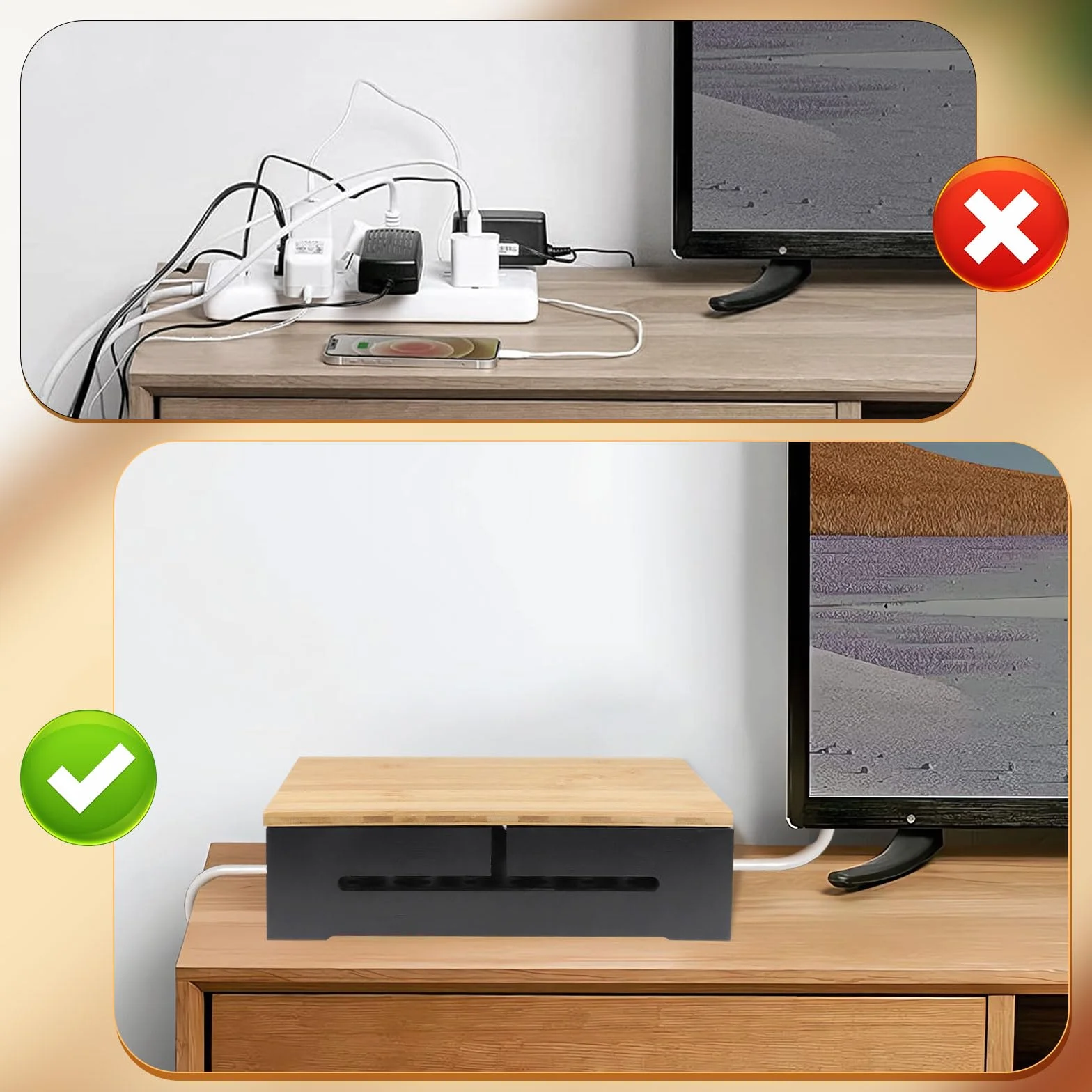 DBREAKS Caja de gestión de cables y organizadora de cables con tapa magnética de bambú y bridas, caja para montaje en la pared