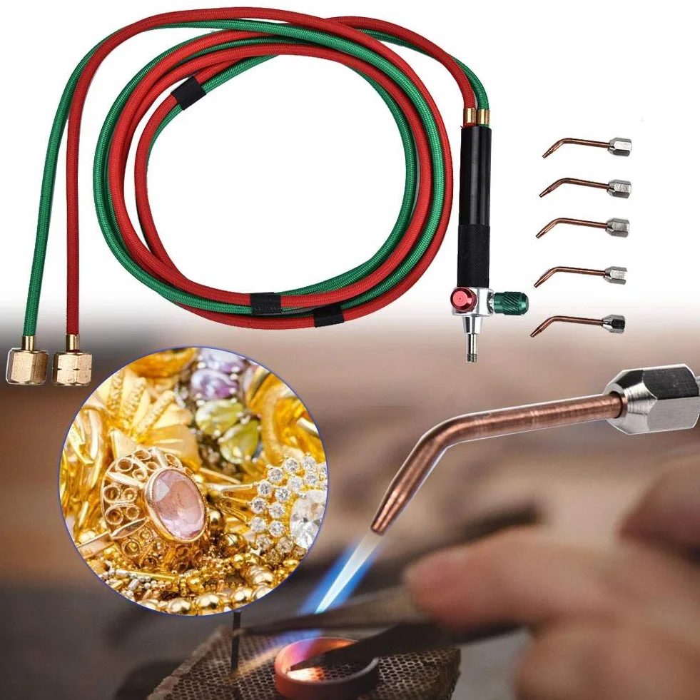 Antorcha de soldadura de joyería, equipo de procesamiento de joyería Herramienta de antorcha de soldadura de oxígeno Pistola de llama con 5 puntas
